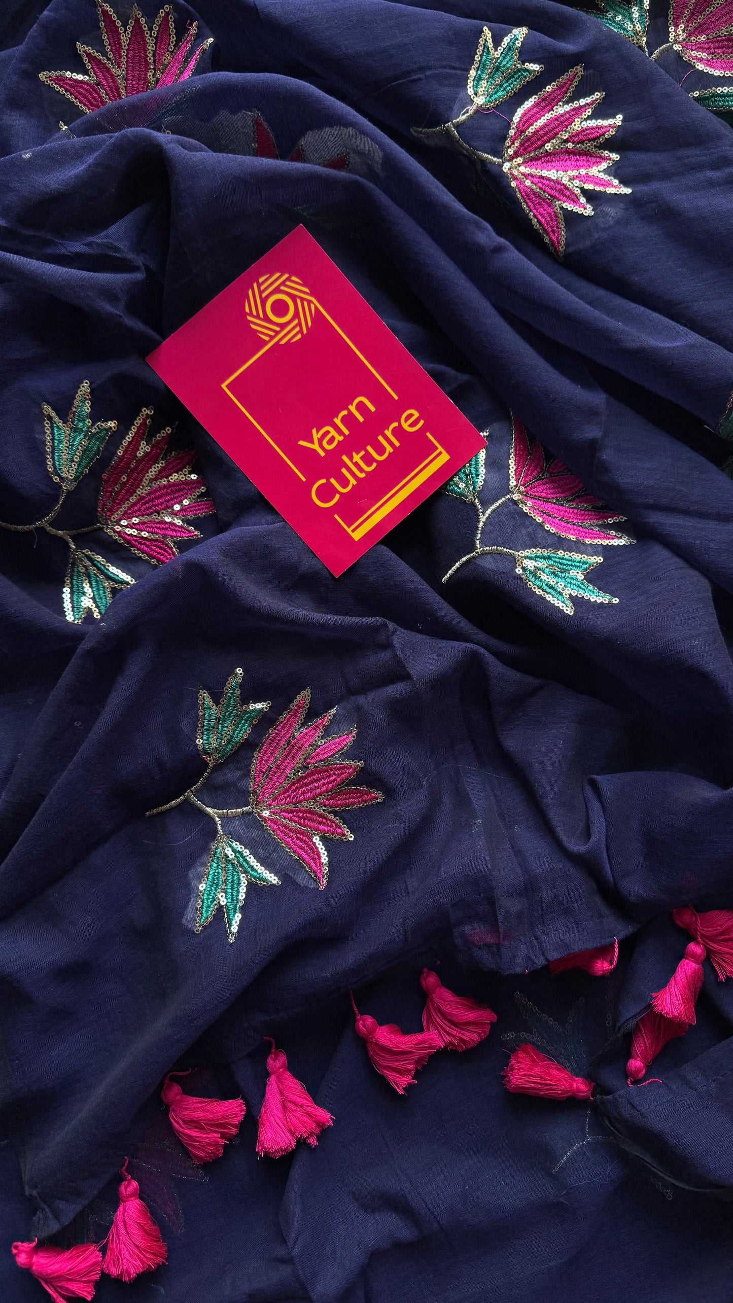 Dark blue mul with lotus sequin embroidery - YCBCMCNO66