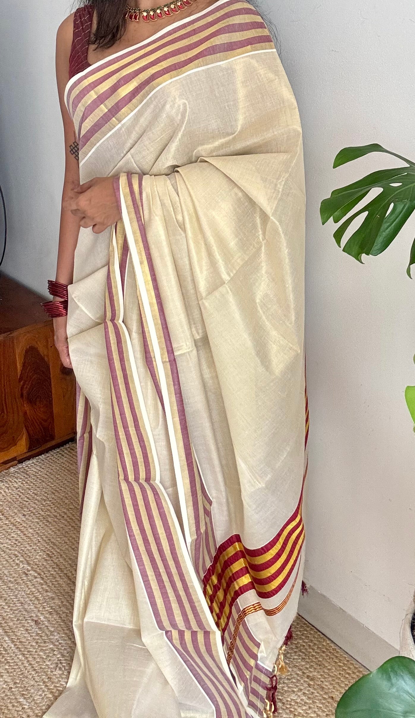 Ivory and gold soft tissue cotton saree, maroon border - YCIEON67