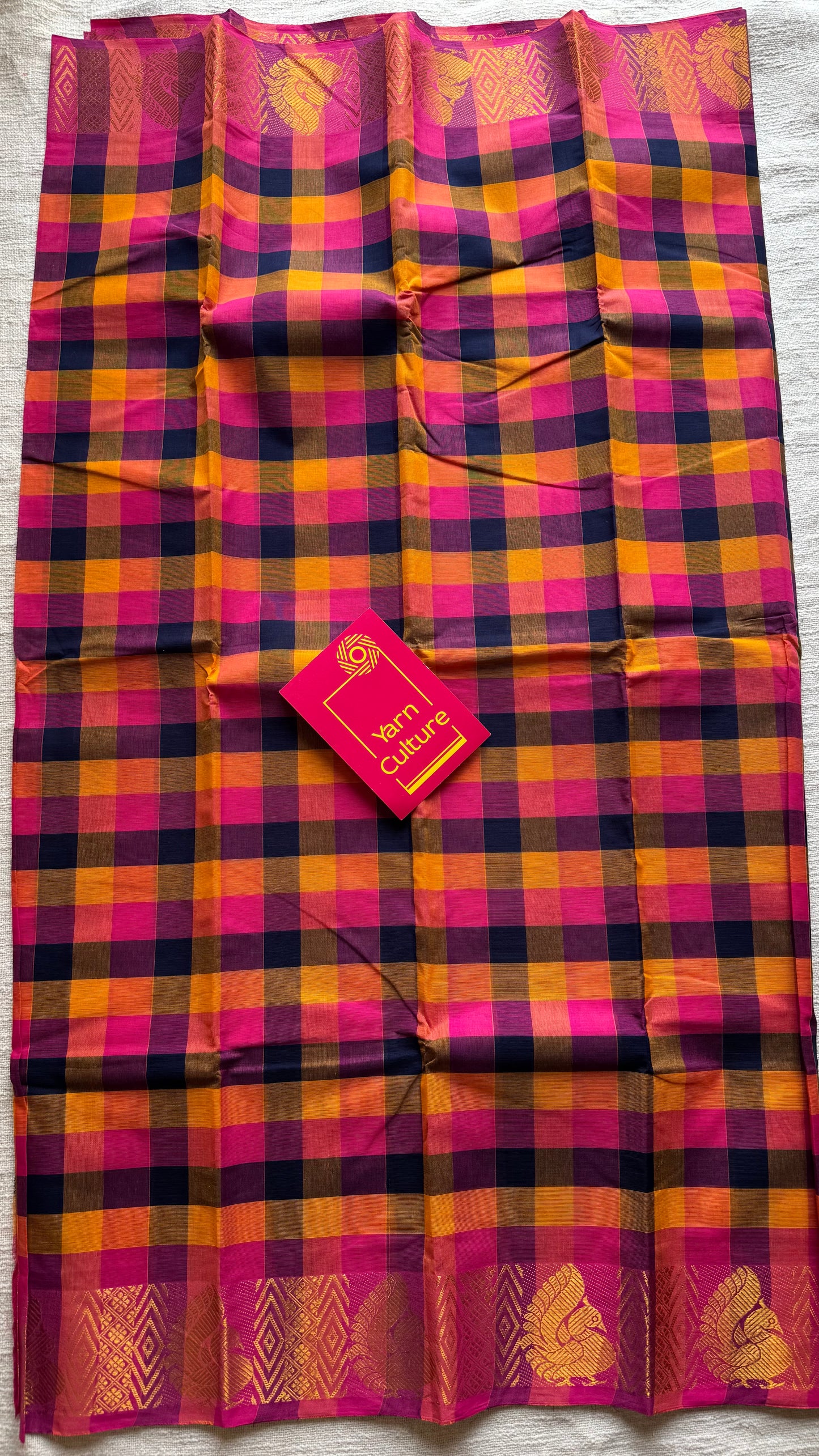 Multicolour Chettinad cotton saree with paalum pazhamum checks (hot pink, yellow, navy, orange) - YCCOTNMA281