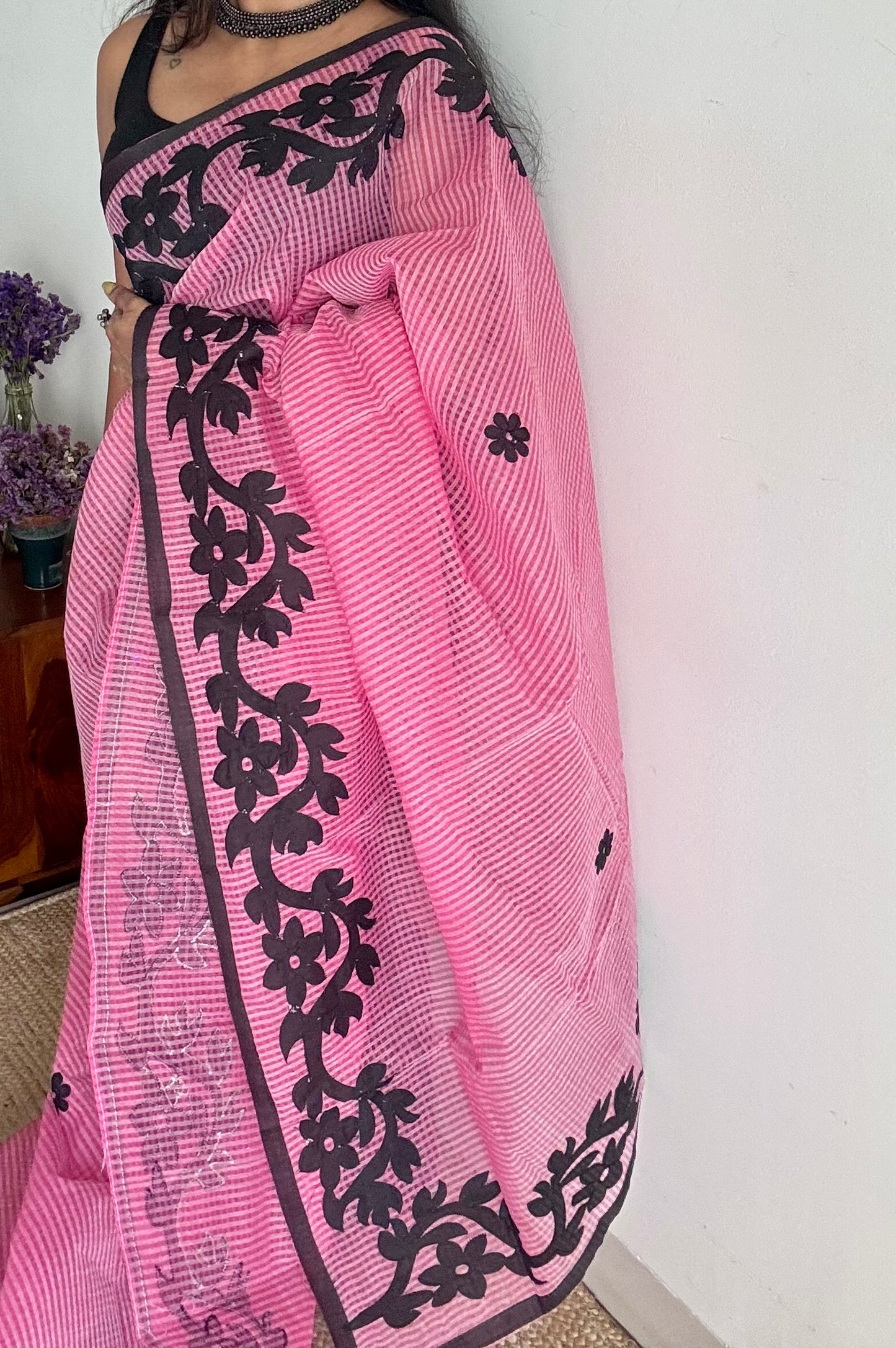 Gulaabi Drama - pink kota saree with black floral cut work - YCTORKDAP17