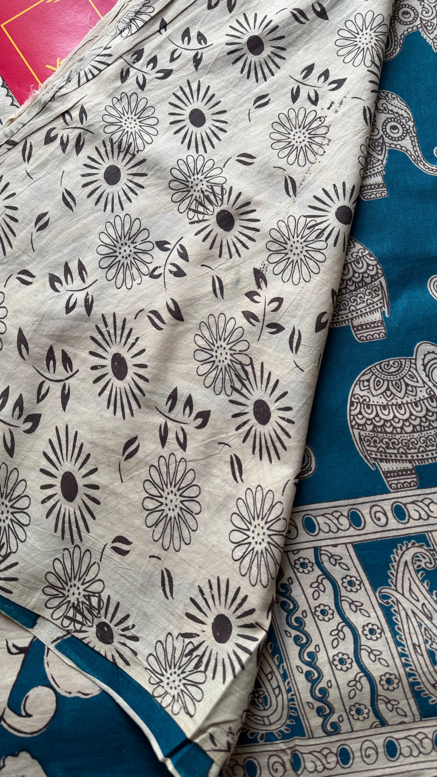 Peacock blue kalamkari saree, elephant motifs, soft cotton - YCWOTDMA350