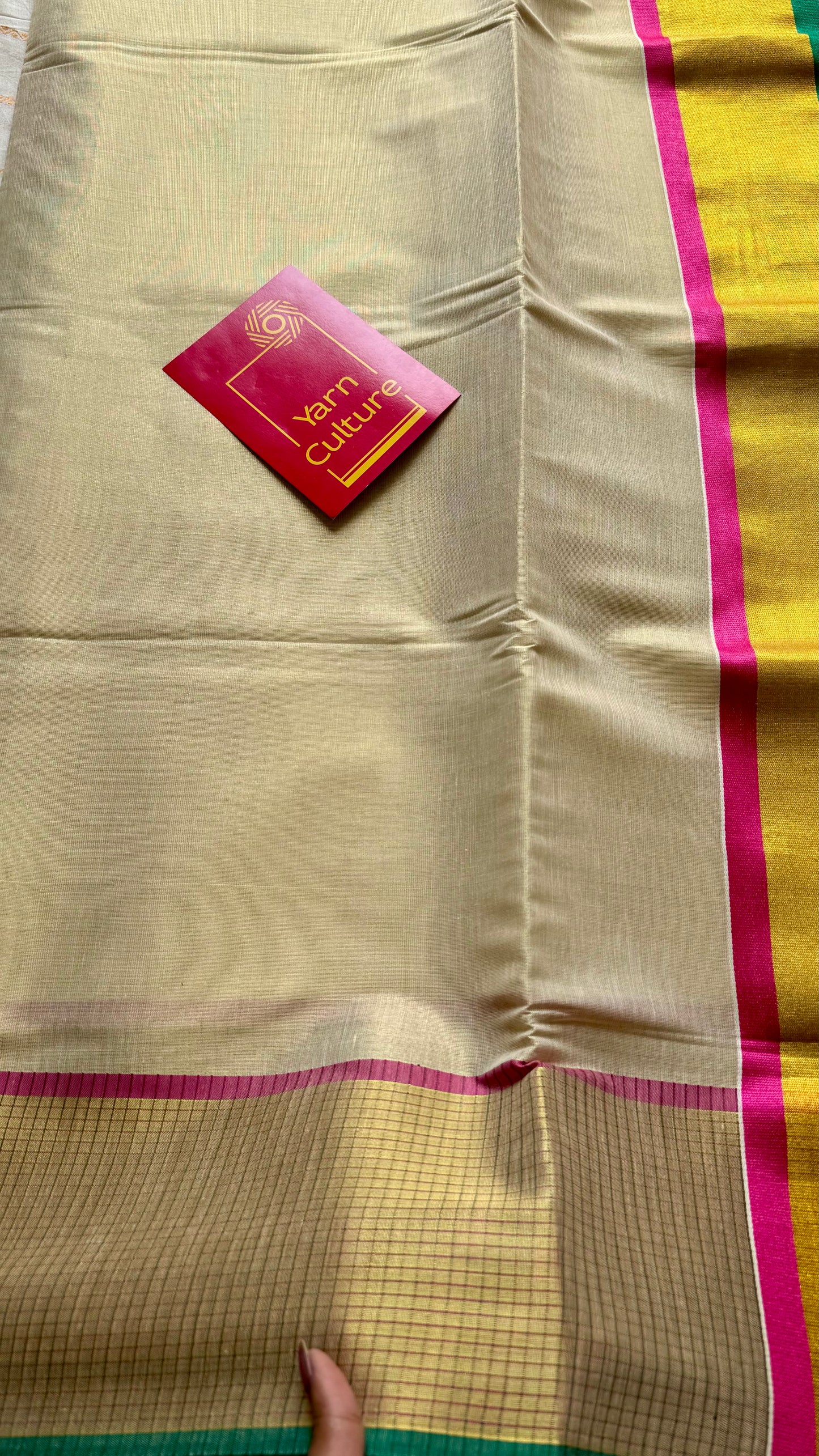 Ivory and gold soft tissue cotton saree, pink and green, checkered border - YCIEON77