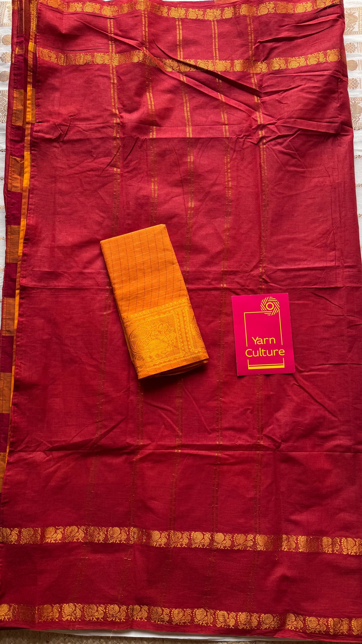 Chilli red with multicoloured checks, sungudi and chettinad cotton half and half saree - YCCOTNIDOC142