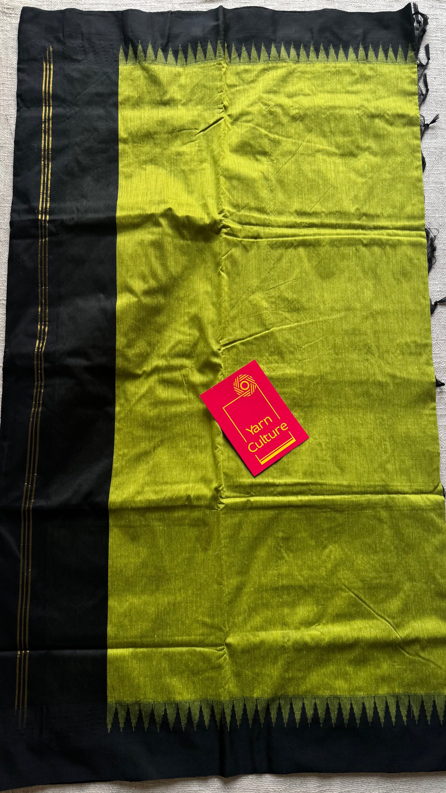 Lime green with black contrast, temple border saree, cotton silk - YCCOTNTBFE60