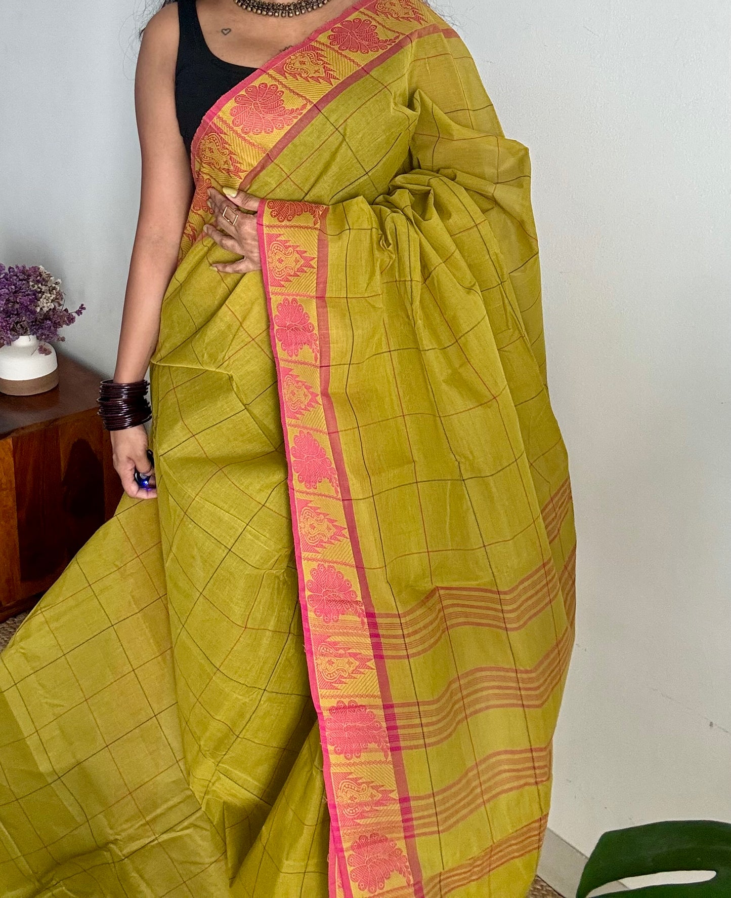 Chettinad cotton saree with lime green and pink checks, thread motif border - YCCOTNJUCC04