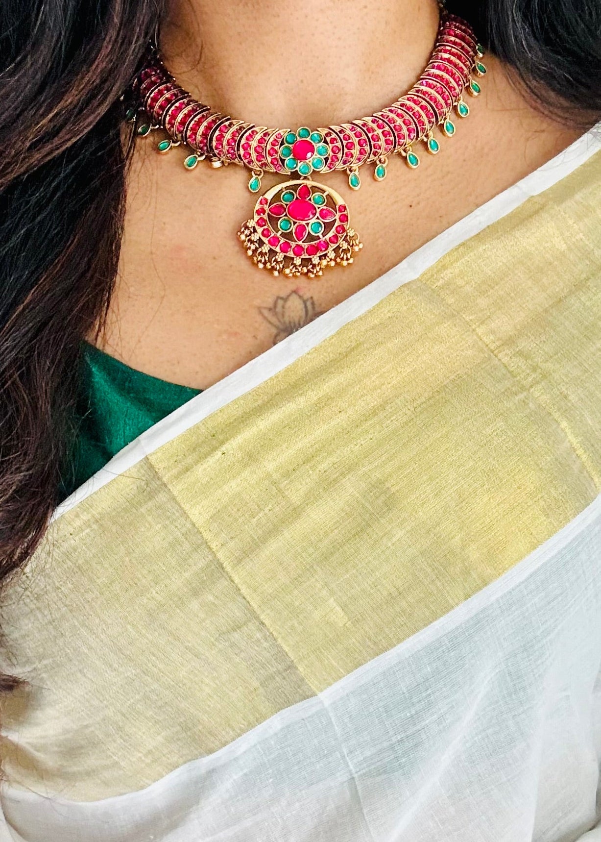 Ruby green stone statement neckpiece with earrings - YCGPNP747