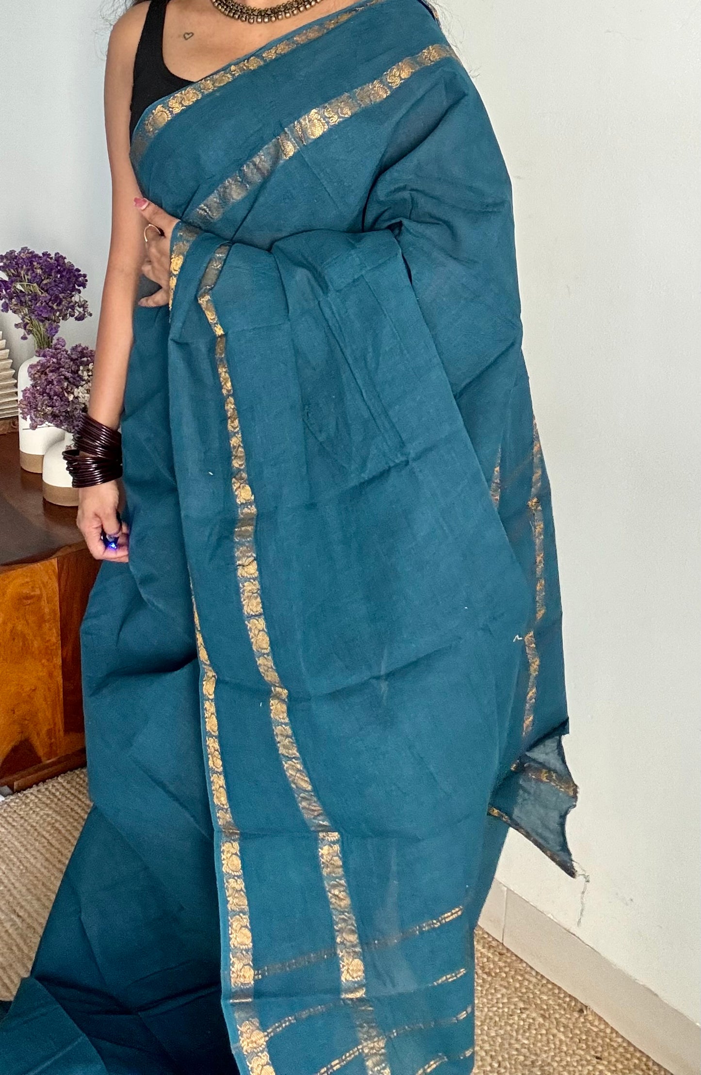 Peacock blue/teal rettaipettu peacock double bordered, kattuchayam dyed madurai cotton saree - YCTORKDJU30