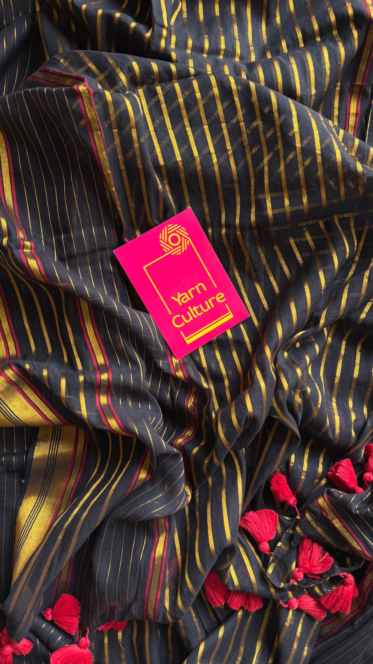 Black mul cotton saree with gold and maroon zari stripes - YCBCMCSE27