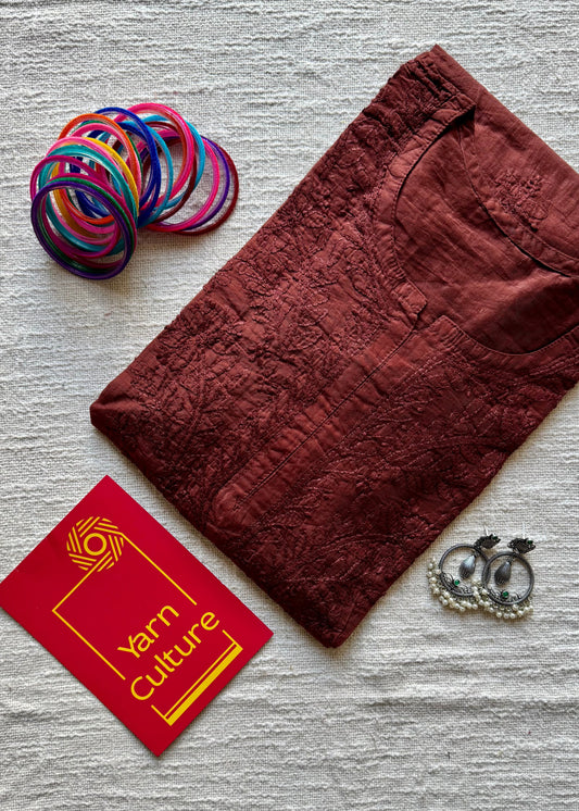 Chocolate brown muslin chanderi chikankari with bakhiya work, stitched kurta, round neck, three fourth sleeves - YCSECKJA125