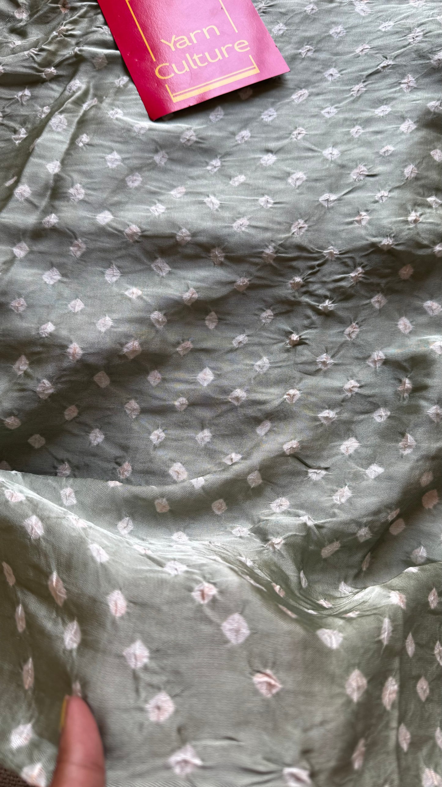 Pastel mint green, crushed bandhej pure modal silk saree with lagdi patta zari pallu - YCTOKBM334