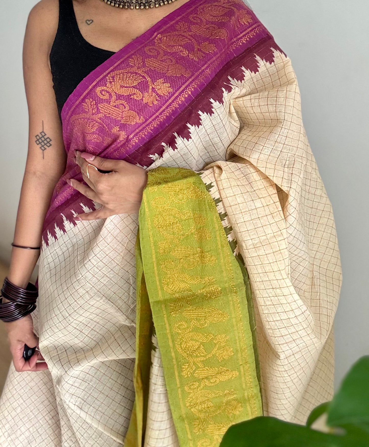 Sungudi cotton checks, ivory gold base, magenta and lime green dual tone border, soft cotton - YCCOTNMSJUL09