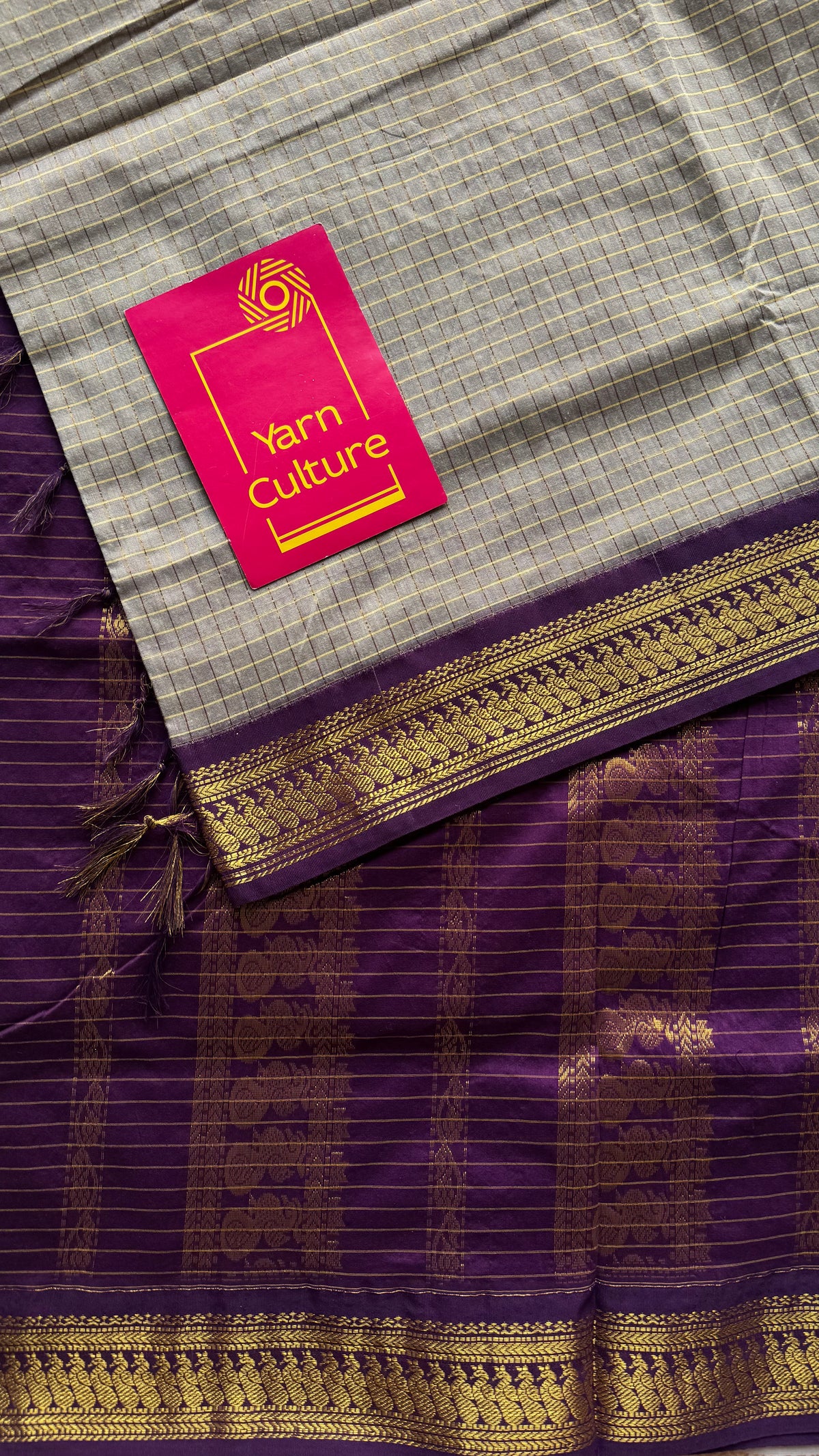 Warm grey with purple, zari checkered saree, cotton silk - YCCOTNKCOC110