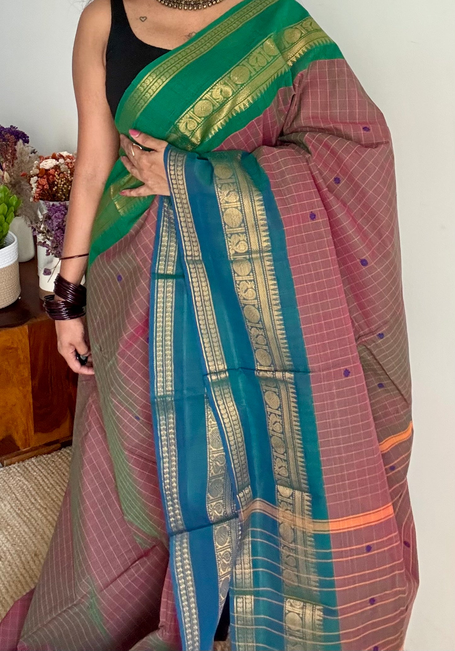 Kanchi cotton saree, light brown checks with green and peacock blue dual toned border - YCCOTNAP77