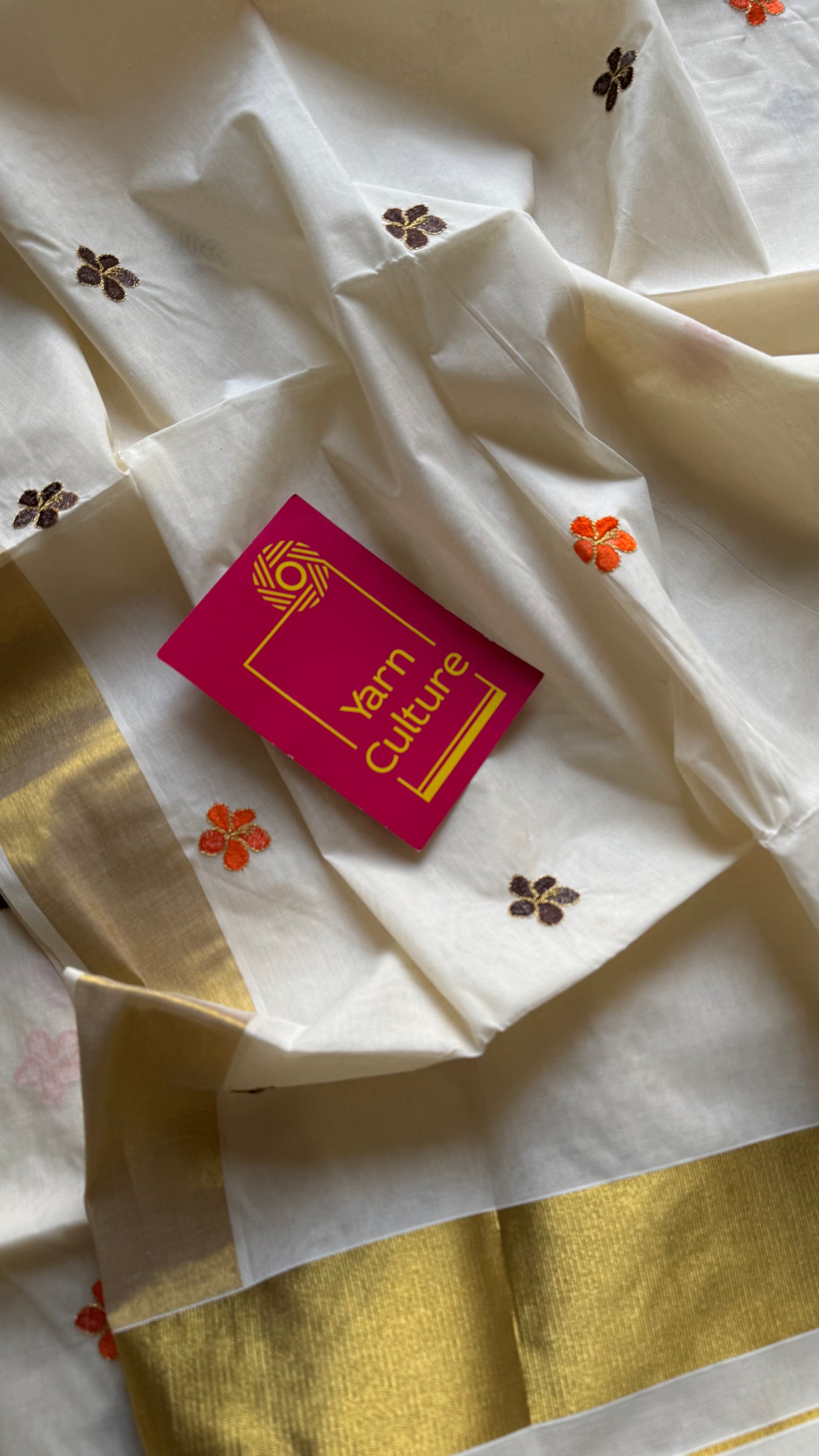 Ivory and gold saree with brown and orange floral embroidery - YCIEKCFE311