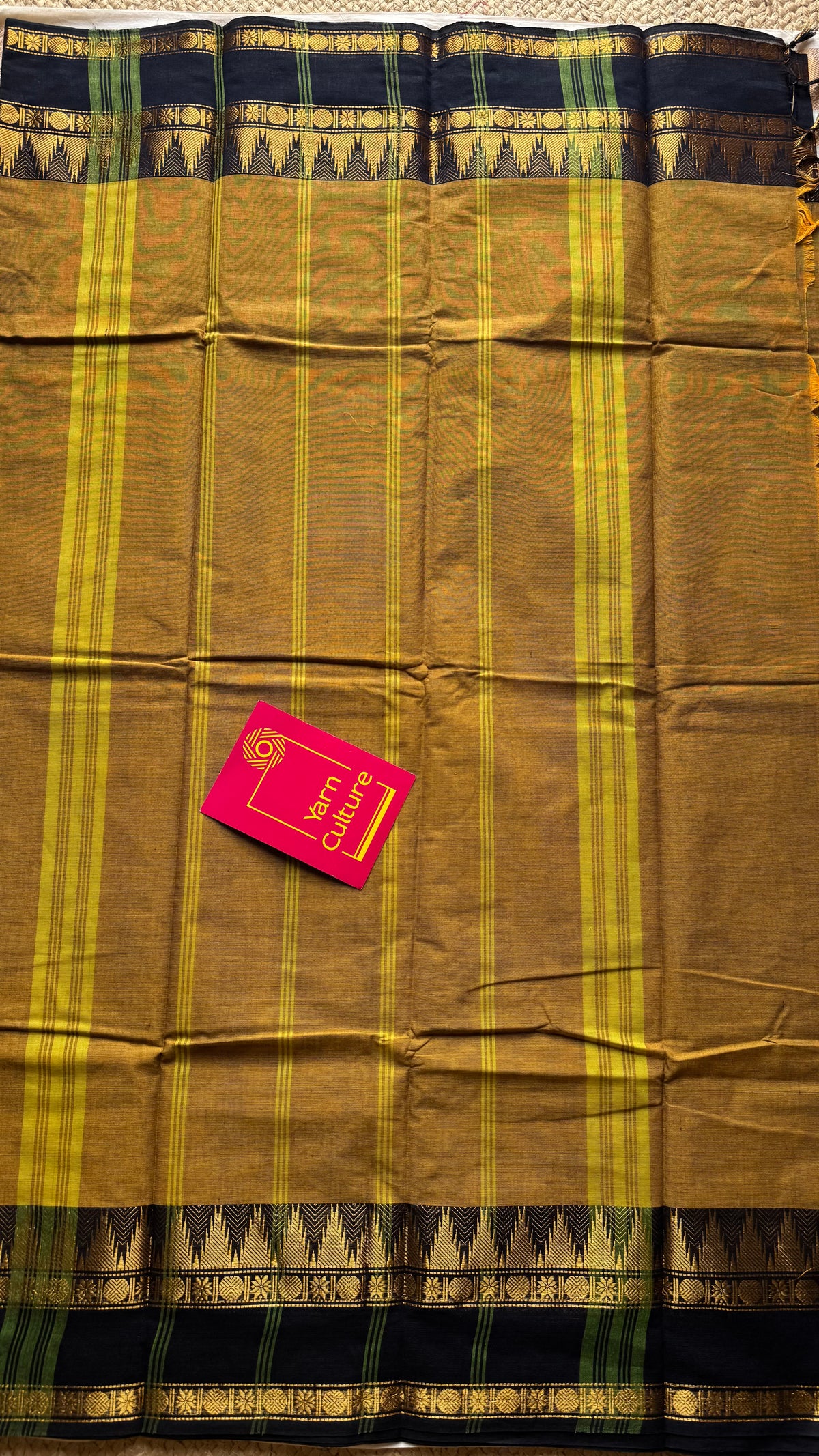 Mustard yellow with black gap zari border, kanchi cotton saree - YCCOTNCCOC118