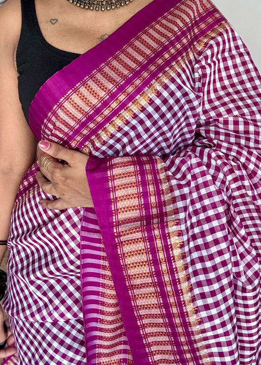 llkal purple pink and white checks with chikki paras border, soft cotton - YCLOKICAP226