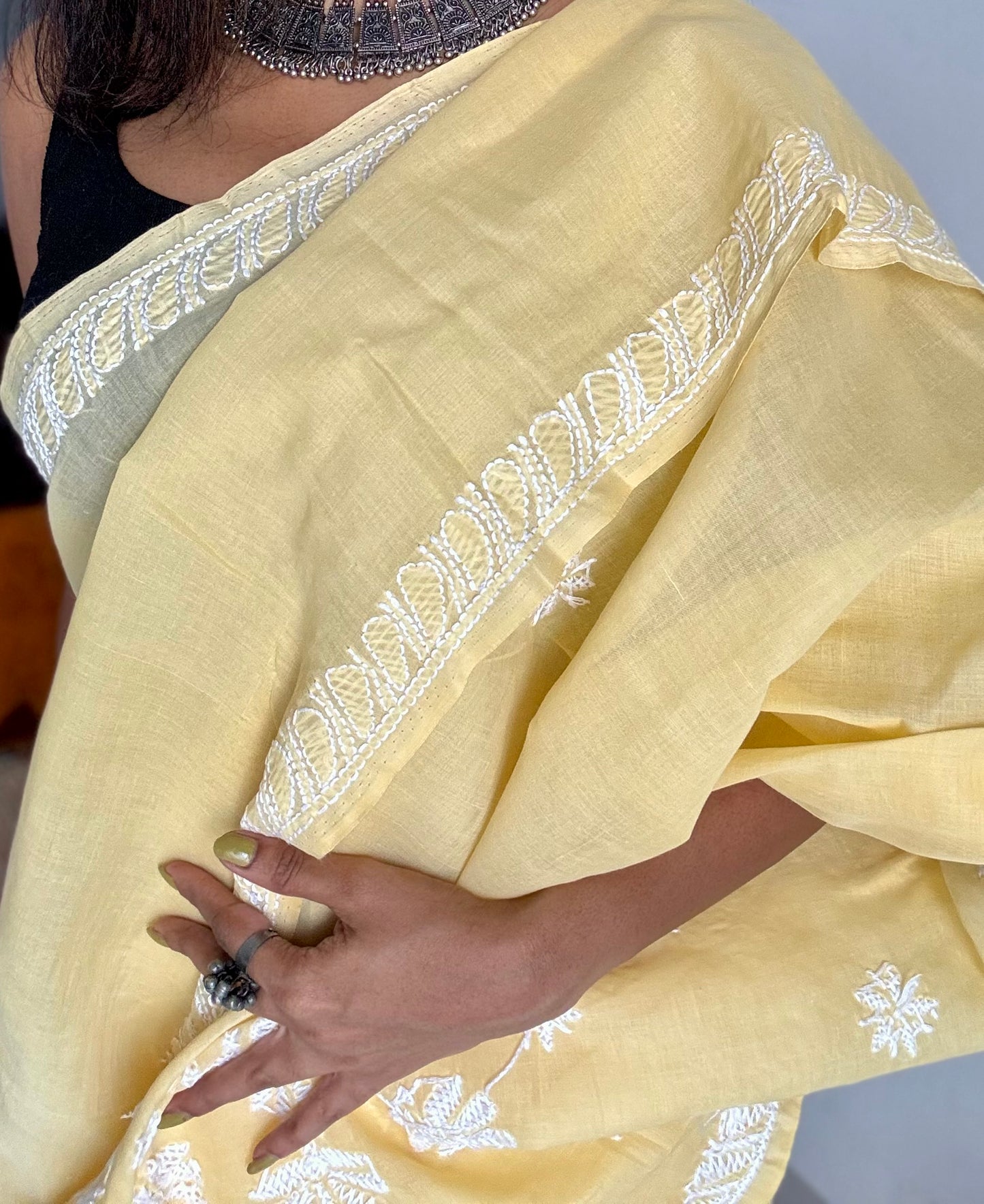 Ziya - light canary yellow hand-embroidered chikankari cotton saree - YCLCKFE417
