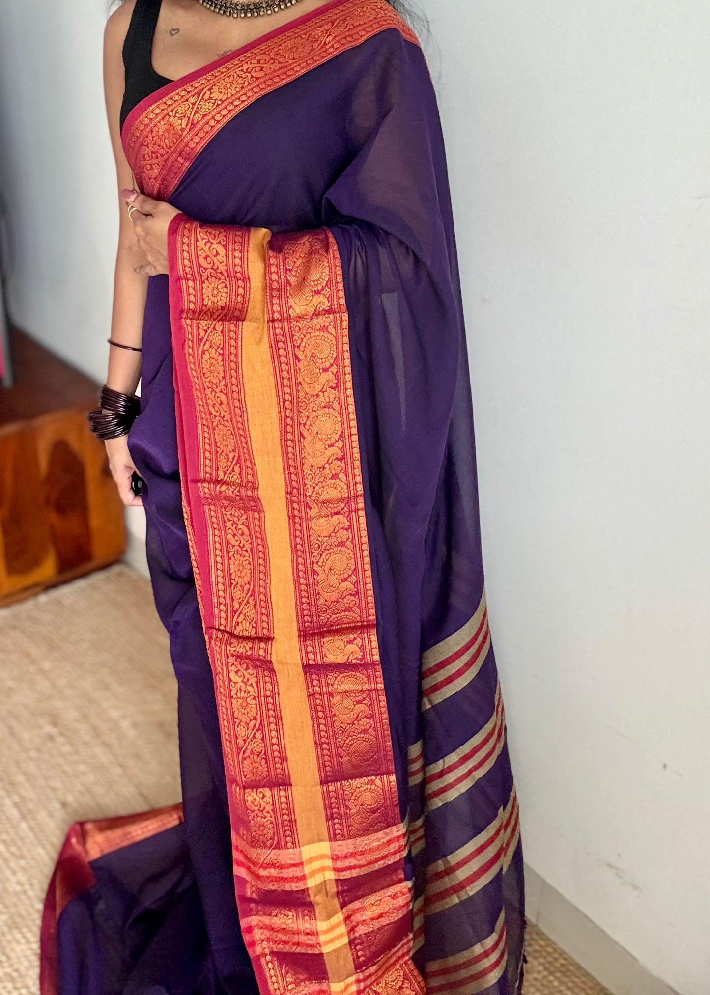 Purple with dark pink wide border, narayanpet soft cotton saree - YCWOTDAUG07