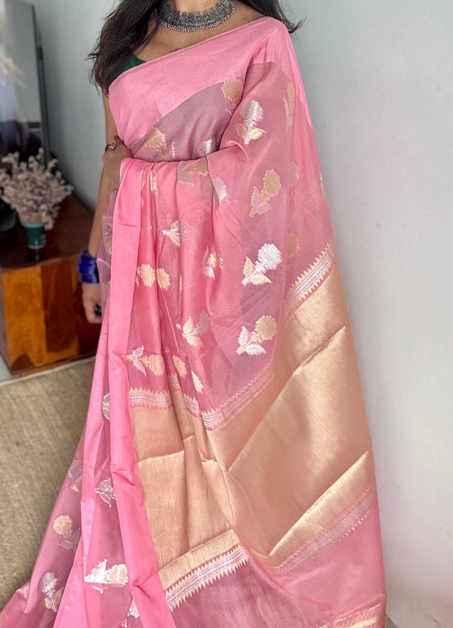 Pink with gold and silver floral buttas, Banarasi semi-crepe silk - YCDESE47