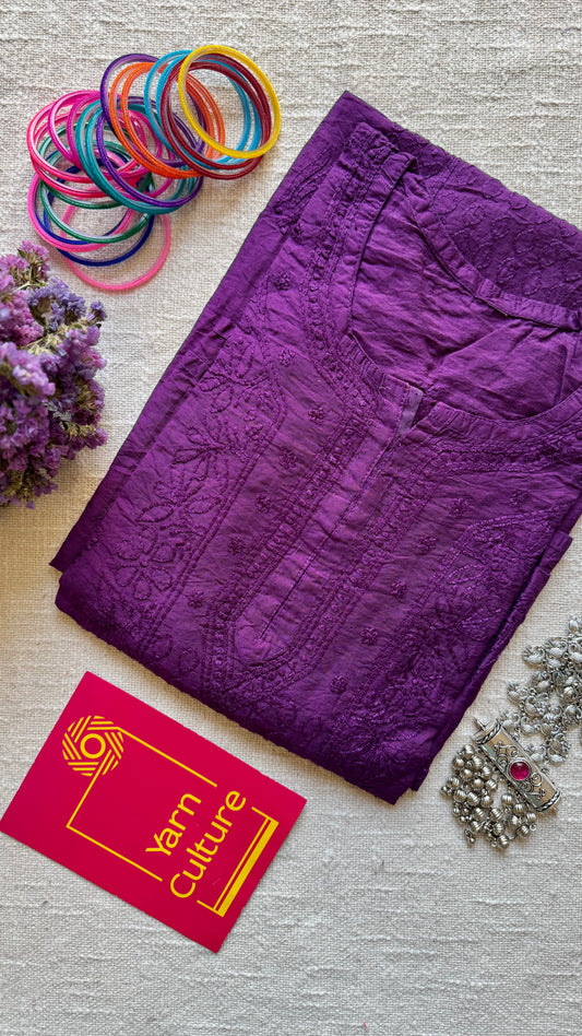 Light purple chanderi chikankari with ghas patti panel work, stitched kurta, round neck, three fourth sleeves - YCSECK55