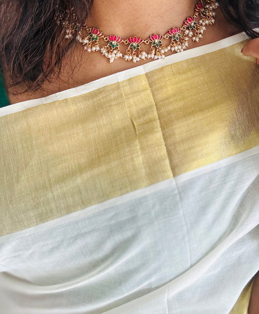 Pink and green lotus with pearl drops and earrings - YCAGC113