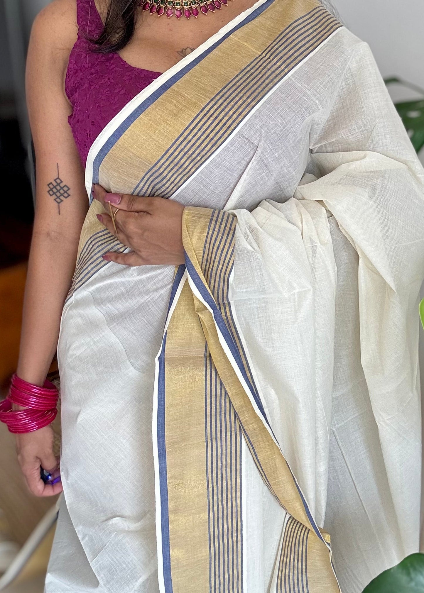 Ivory and gold soft cotton saree, royal blue border - YCIEON77