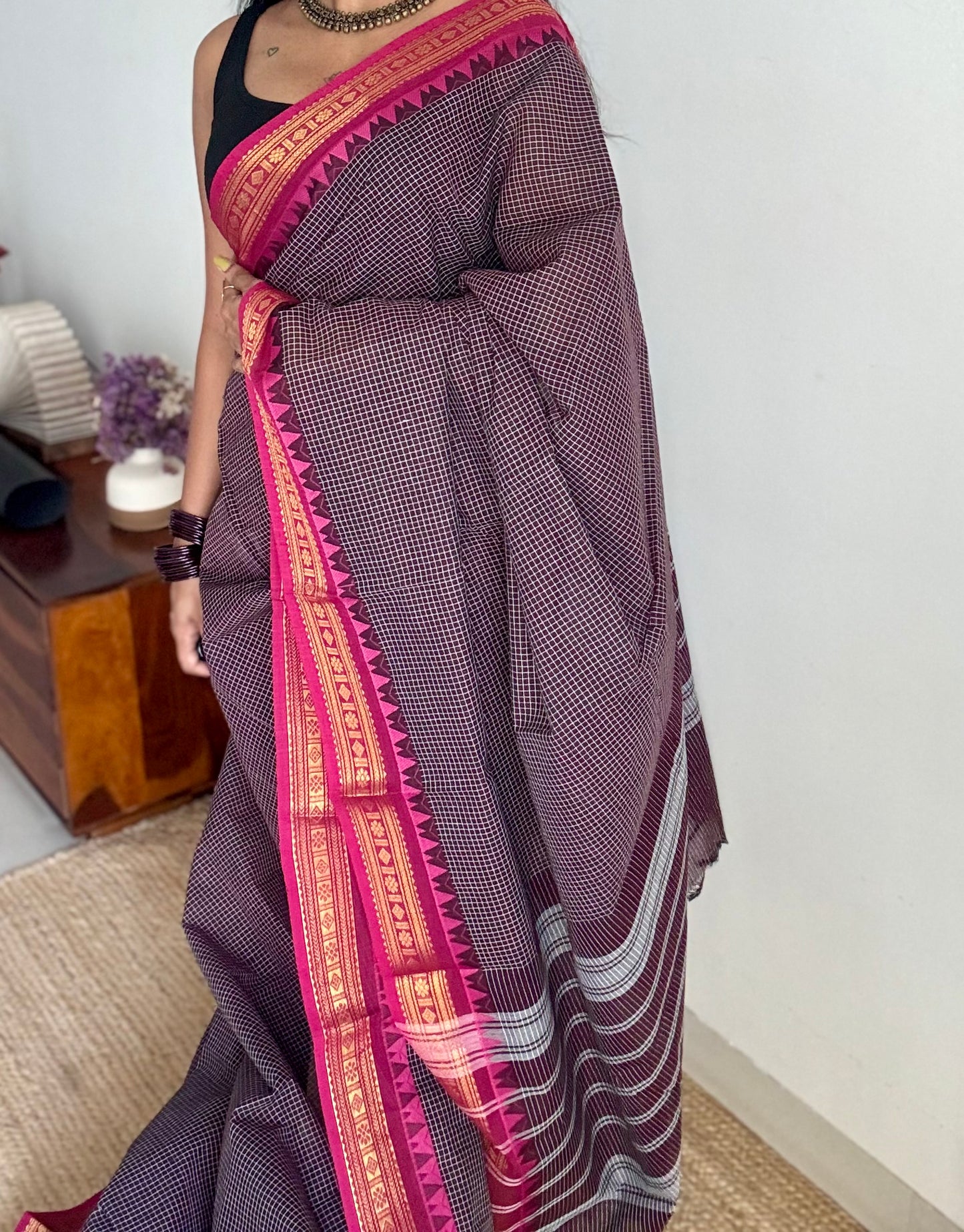 Dark brown with pink contrast, checkered kanchi cotton saree - YCCOTNJU18