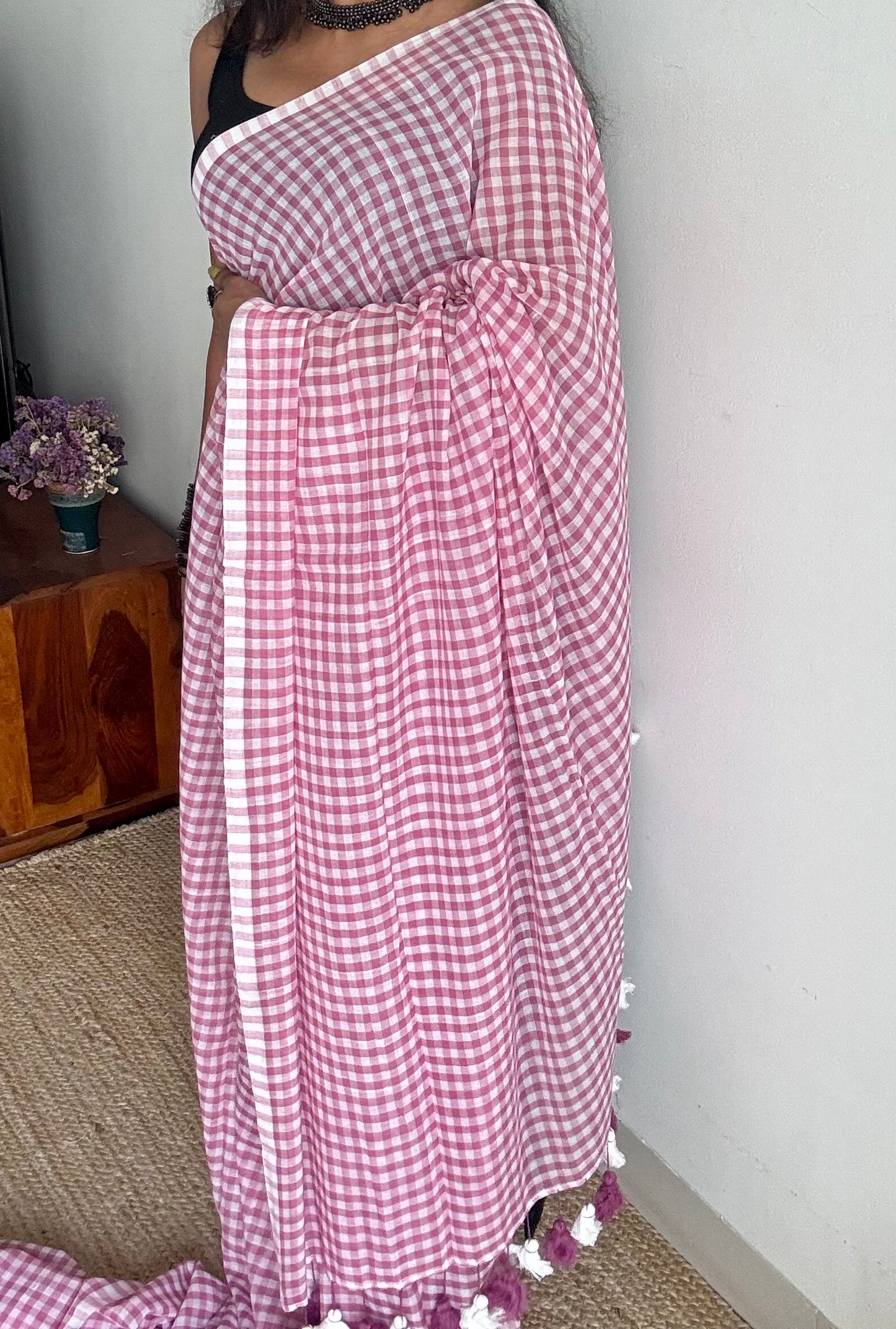 Mauve and white checkered mul cotton saree  - YCBCMCCMA31