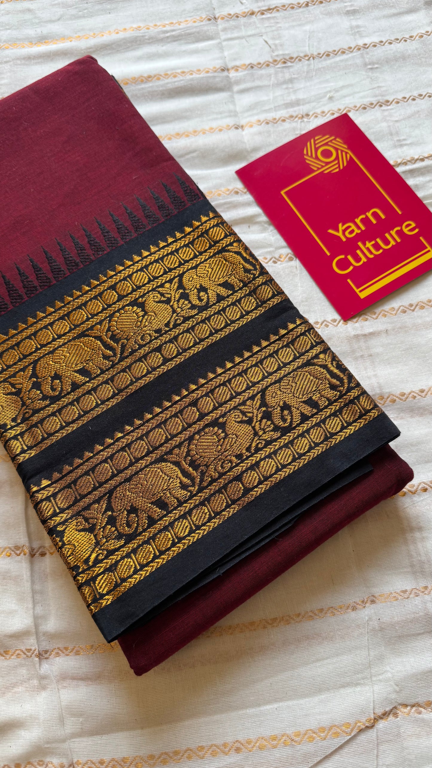 Kanchi cotton saree, dark red with black wide zari border - YCCOTNMA263