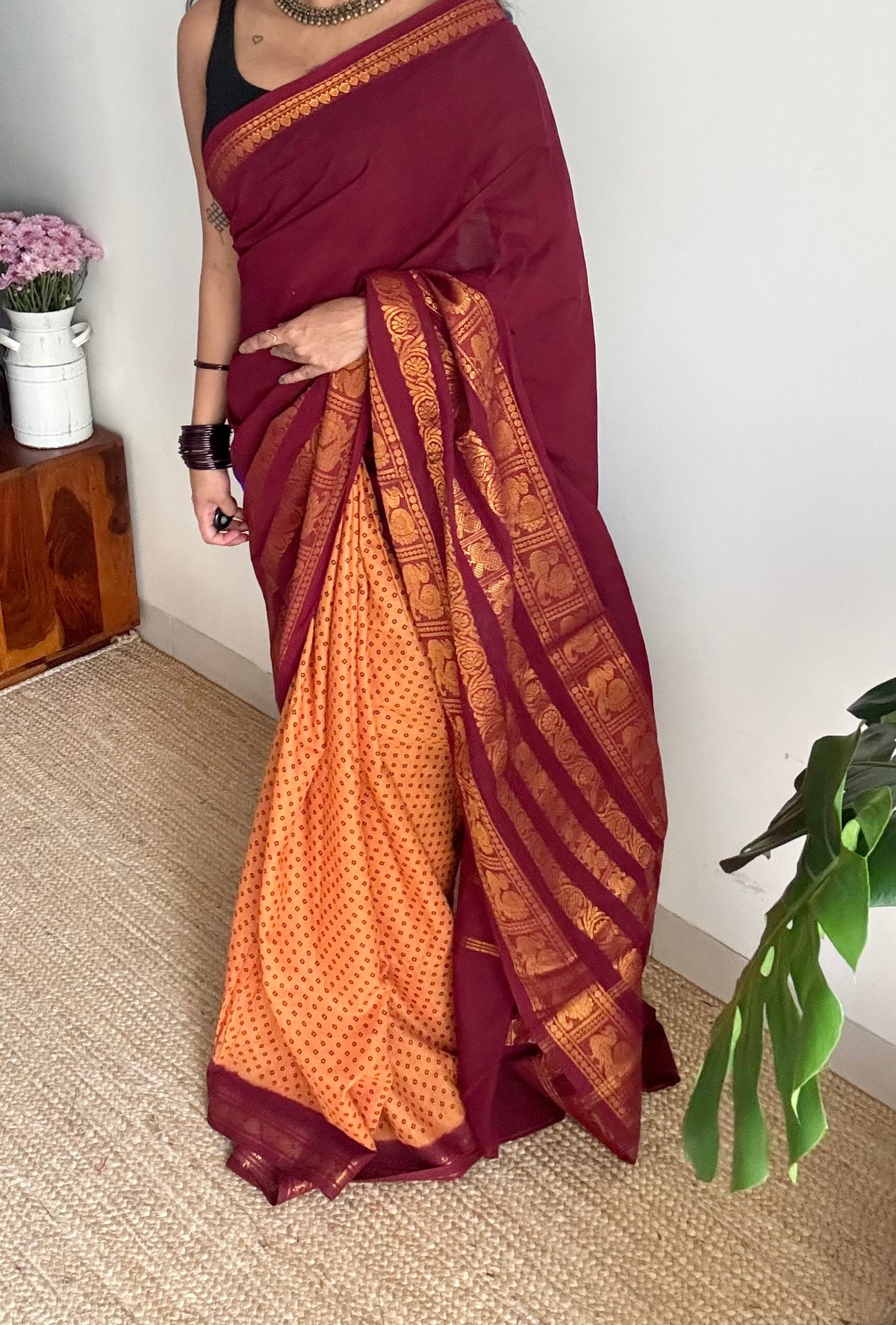 Maroon with light orange, sungudi and chettinad cotton half and half saree - YCCOTNIDOC130
