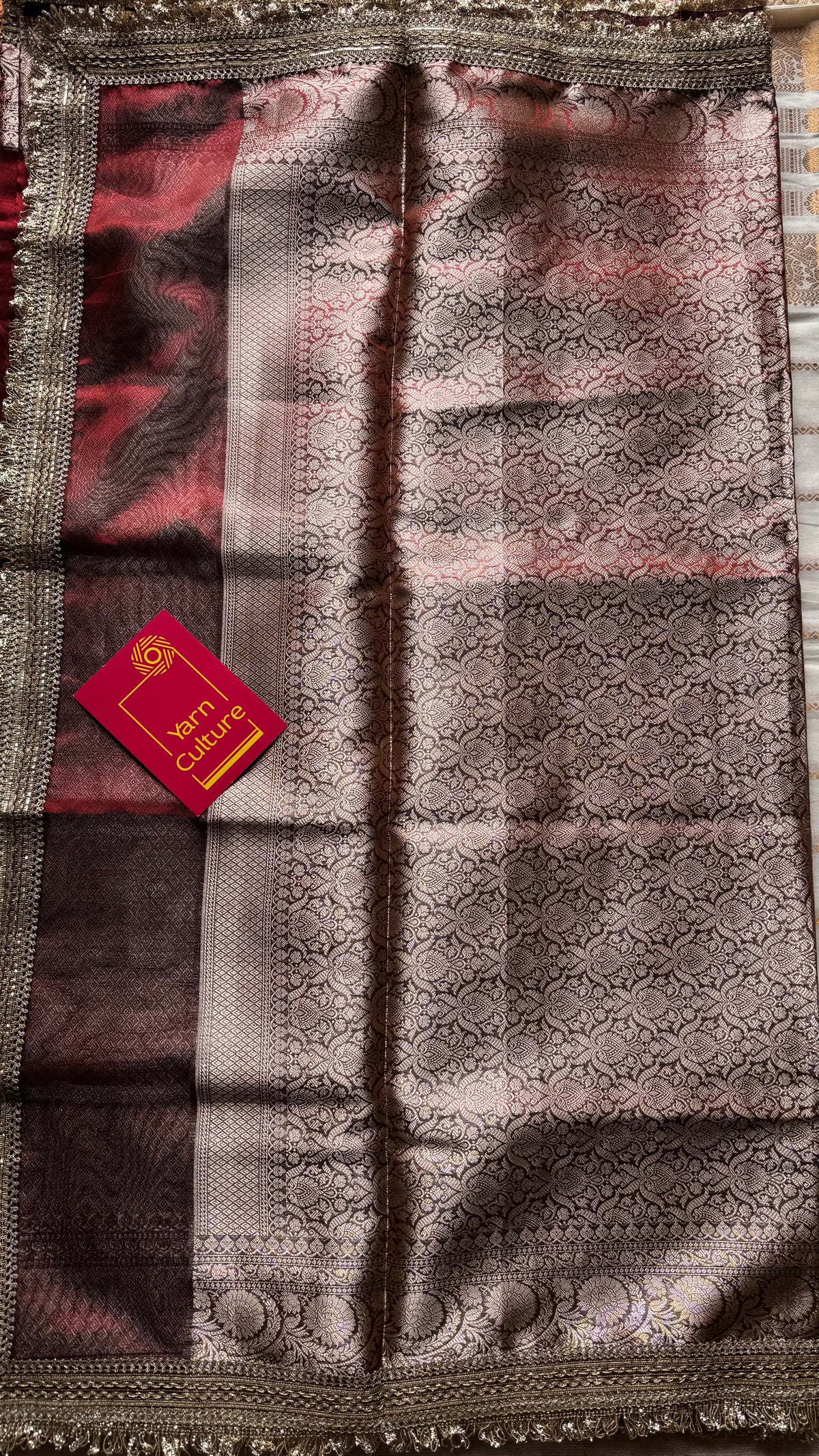 Red tissue Banarasi saree with embellished gold lace border - YCBLTOC79