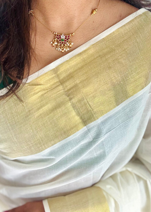 Jadau kundan lotus pendant with bead drops in invisible chain - YCAGC174