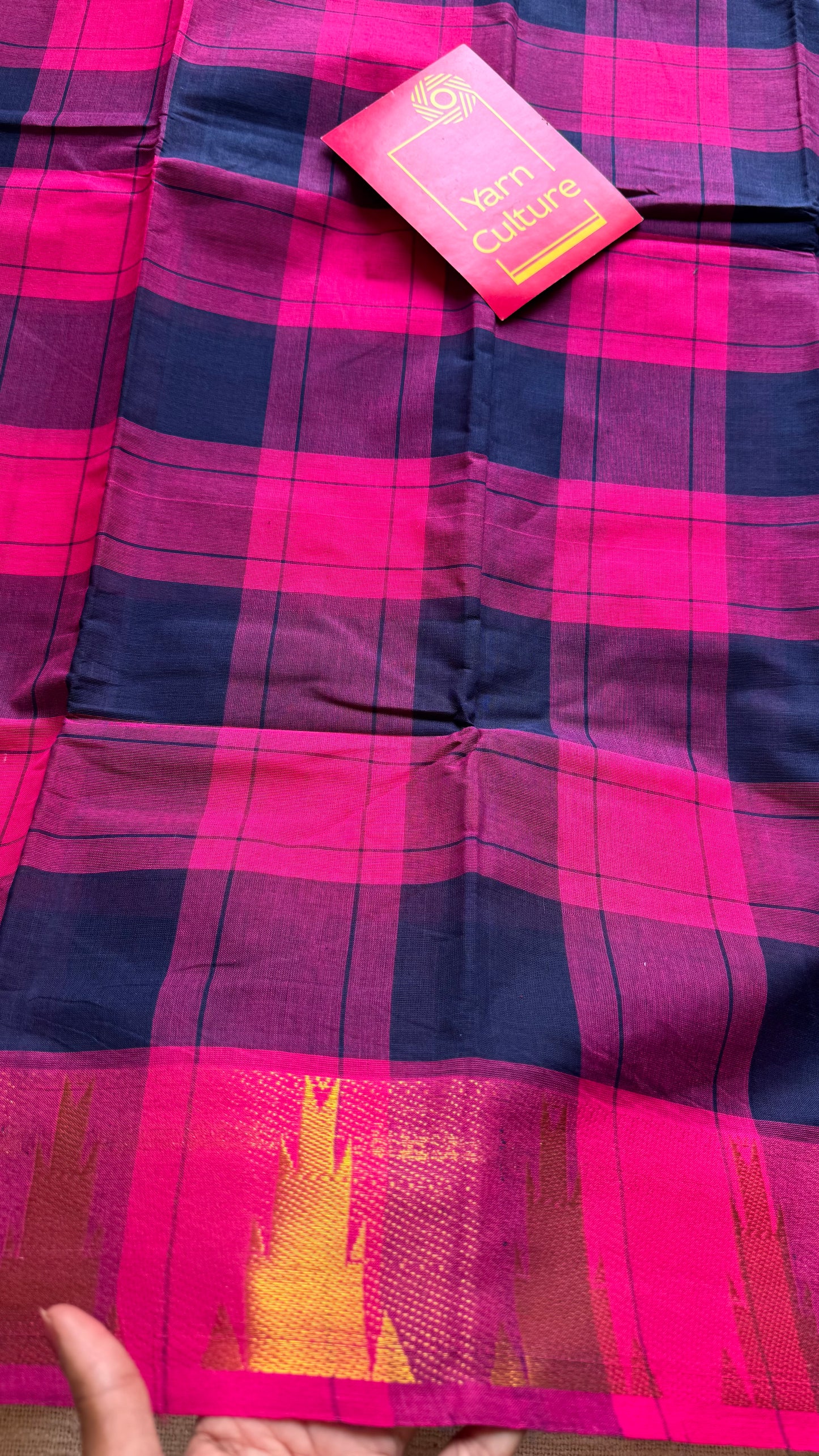 Chettinad cotton saree with pink and navy checks, temple motif border - YCCOTNAP58