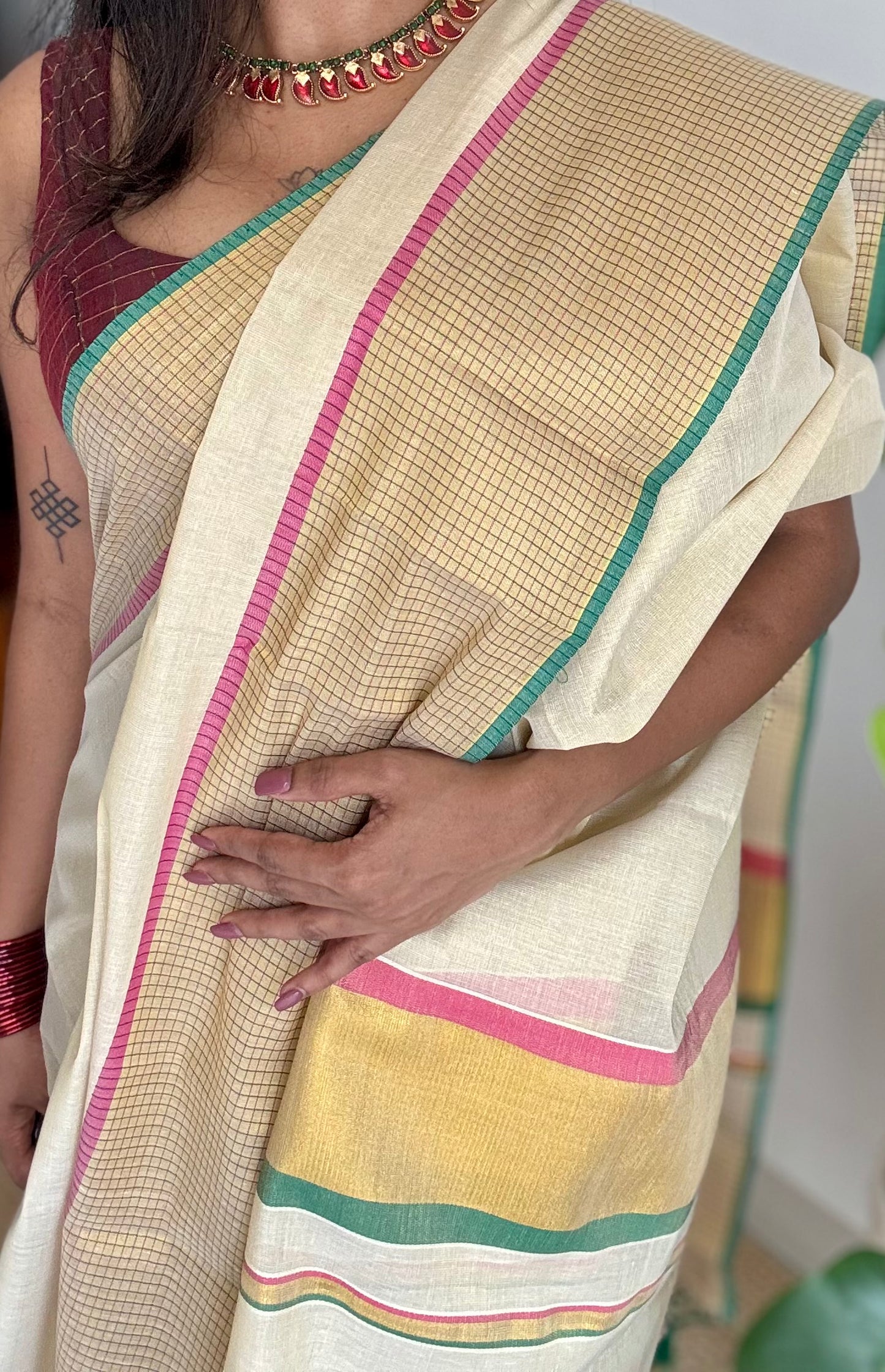 Ivory and gold soft tissue cotton saree, pink and green, checkered border - YCIEON77