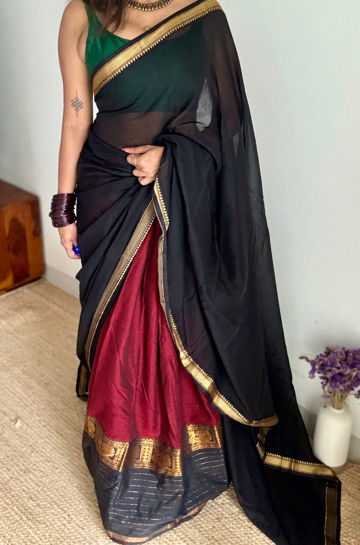 Maroon - Black unstitched half saree material (dhavani), narayanpet cotton - YCIEHS221