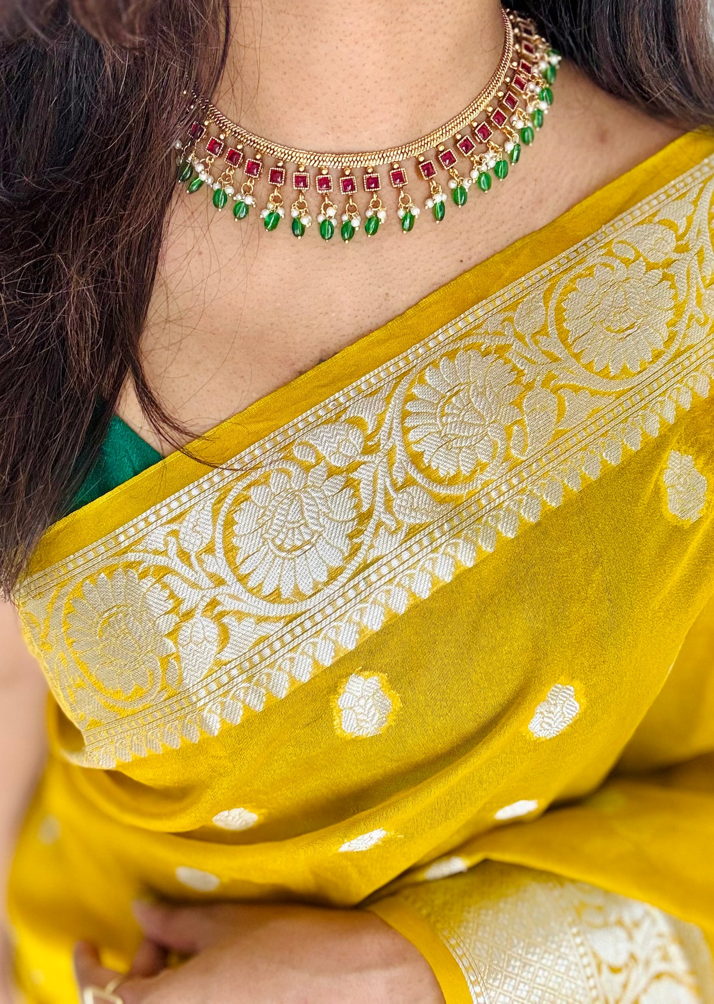 Antique gold jadau kundan choker neckpiece with earrings - YCAGNP272
