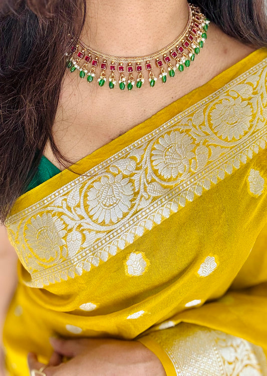 Antique gold jadau kundan choker neckpiece with earrings - YCAGNP272