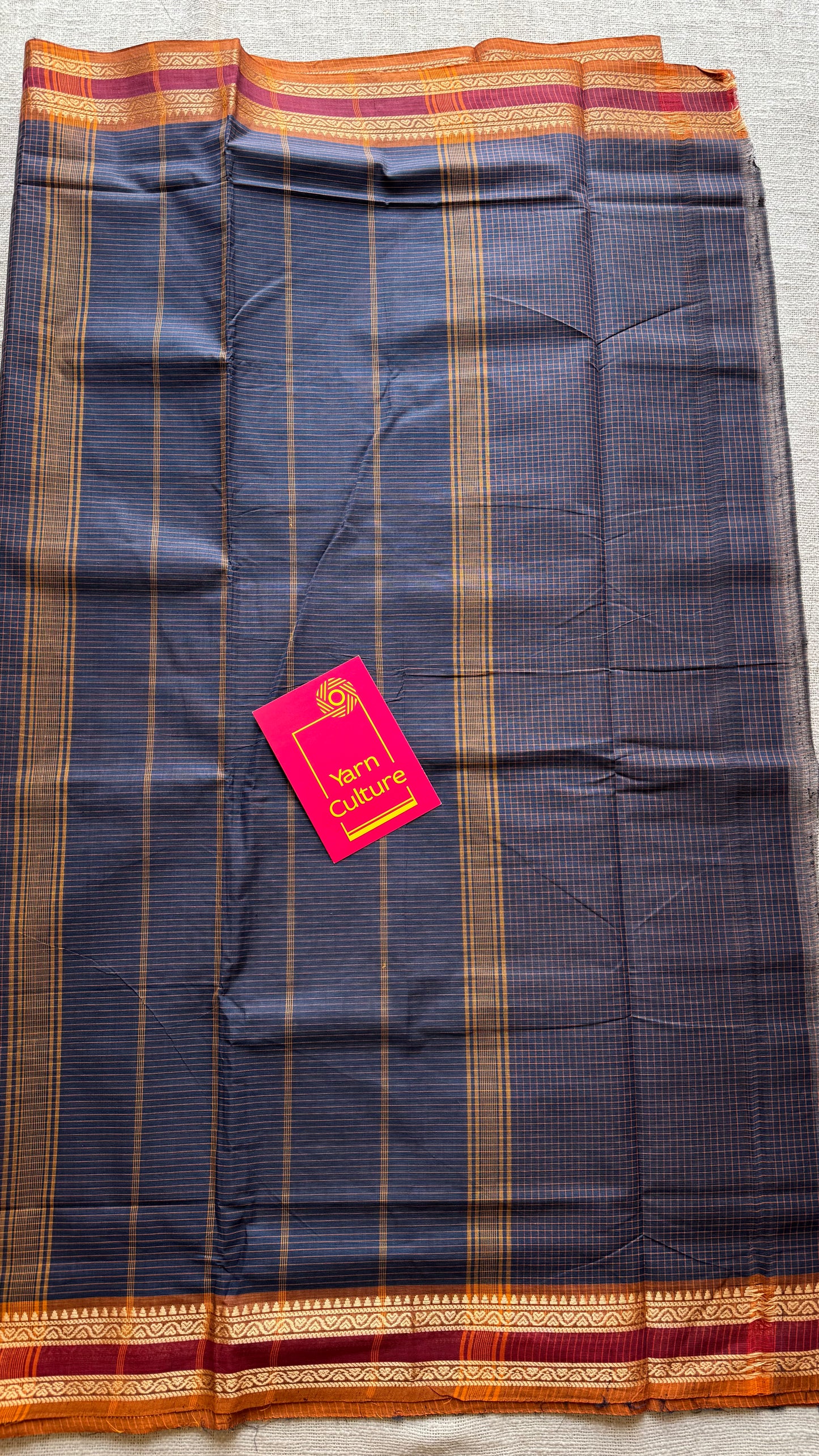Dark grey Chettinad cotton saree with yellow mini checks - YCCOTNCCFE143