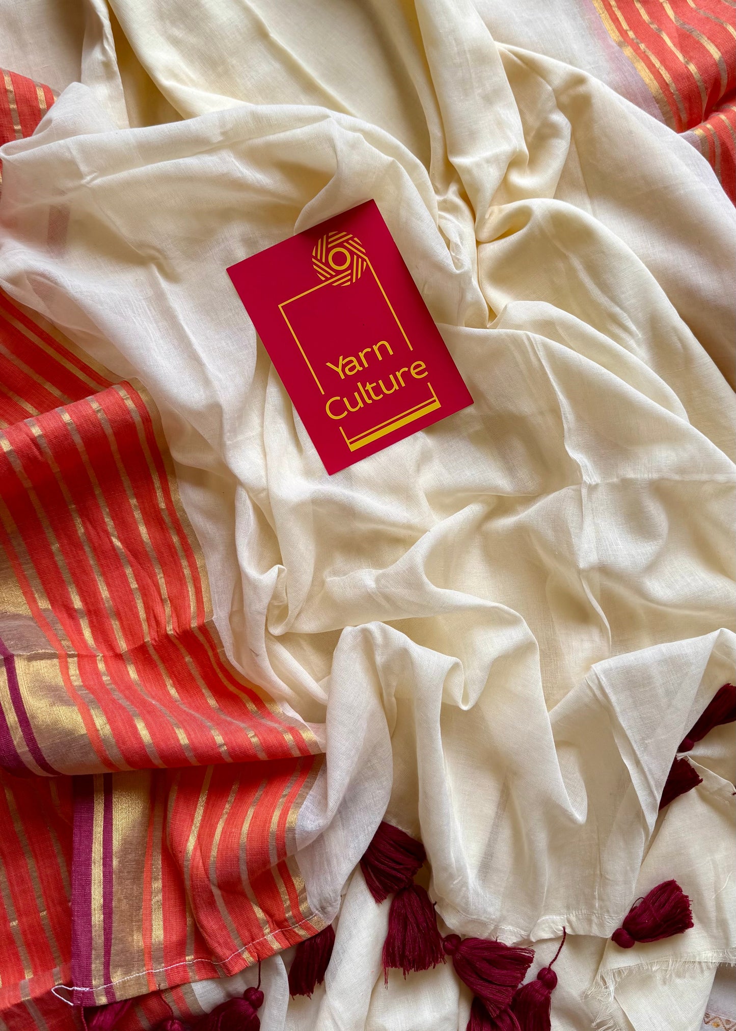 Ivory mul saree, orange with maroon striped border - YCIEON13