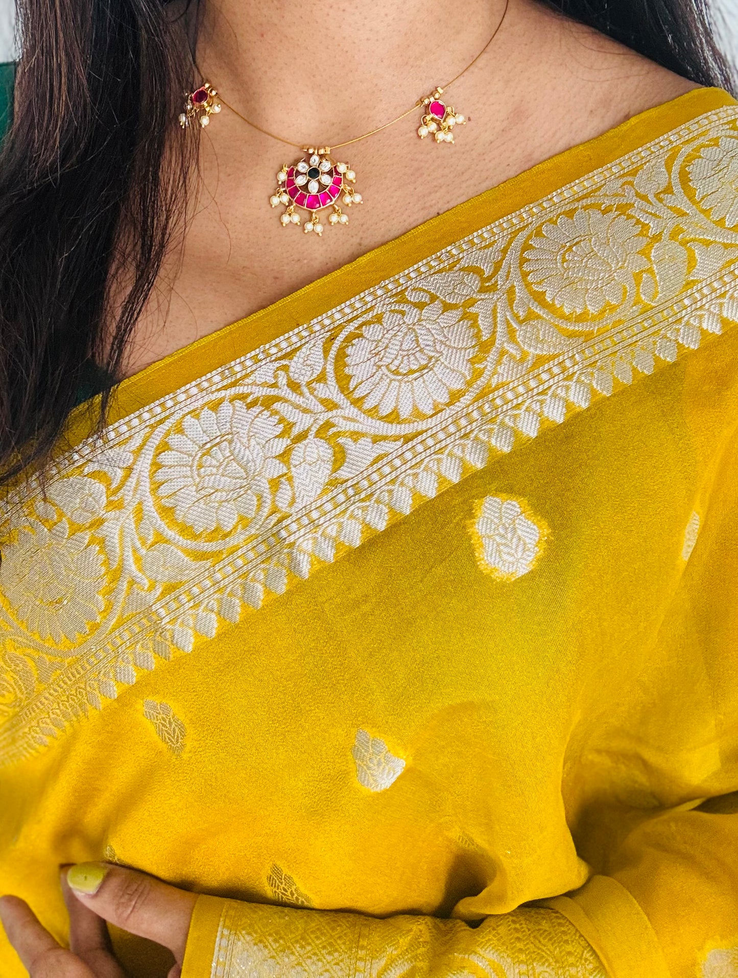 Invisible neckchain with jadau kundan stones & pearl hangings - ruby, green, white - YCGPNP688