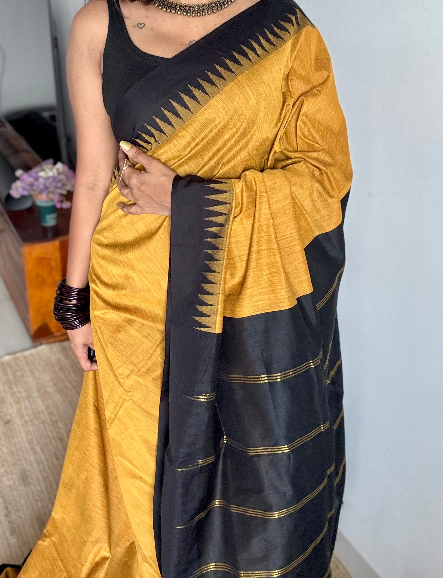 Turmeric yellow with black temple border, cotton silk - YCCOTNCSDE94