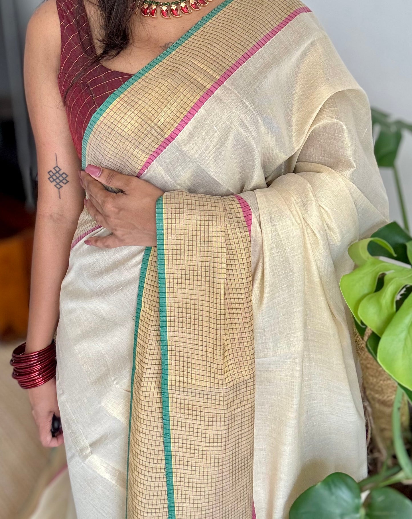 Ivory and gold soft tissue cotton saree, pink and green, checkered border - YCIEON77