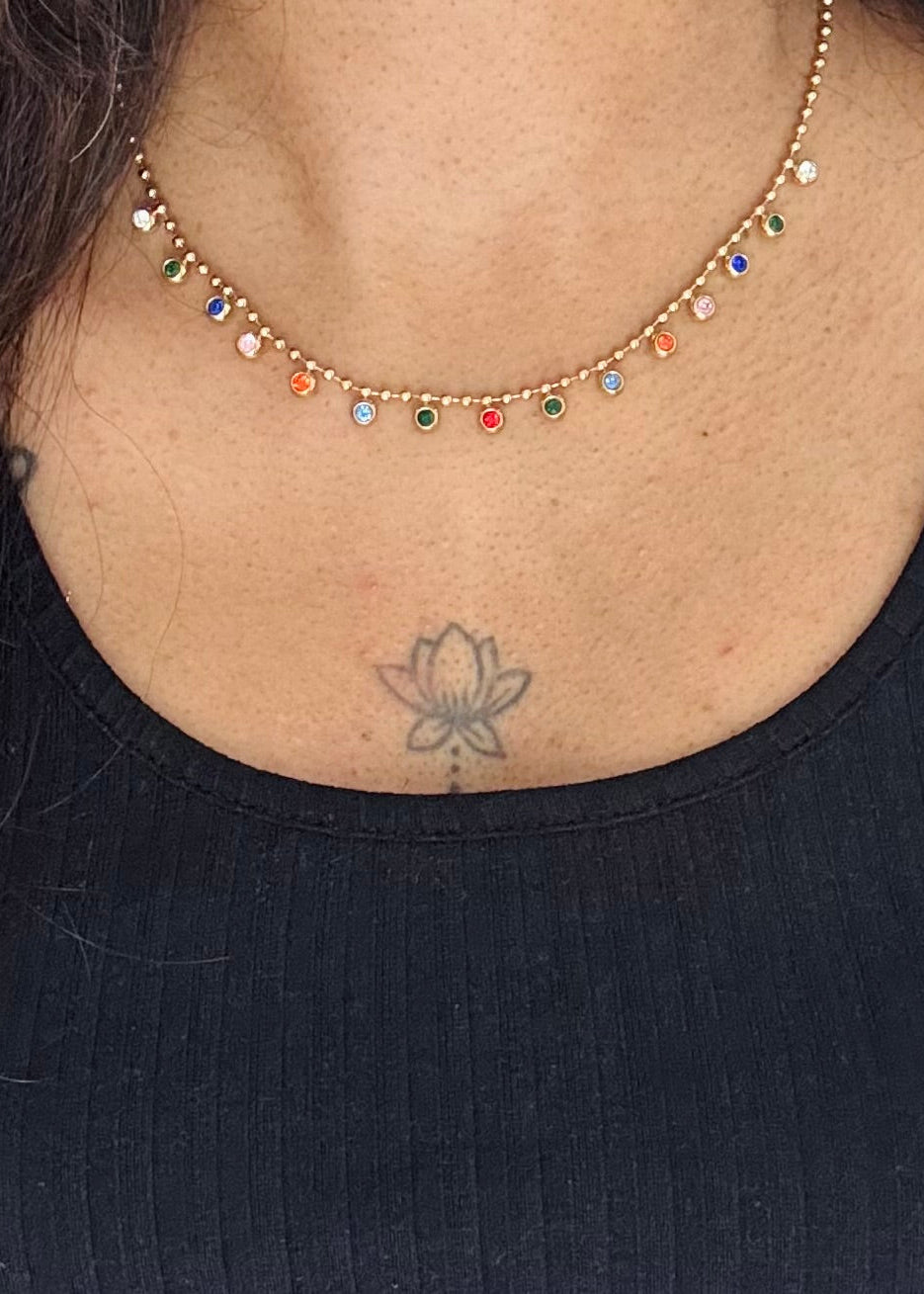 Gold plated chain, multi-coloured stones - YCGPC409