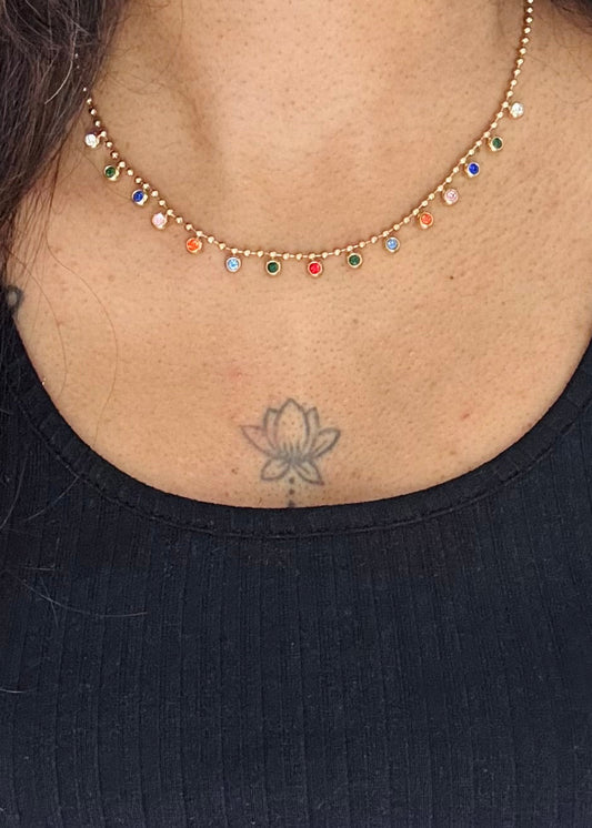 Gold plated chain, multi-coloured stones - YCGPC409