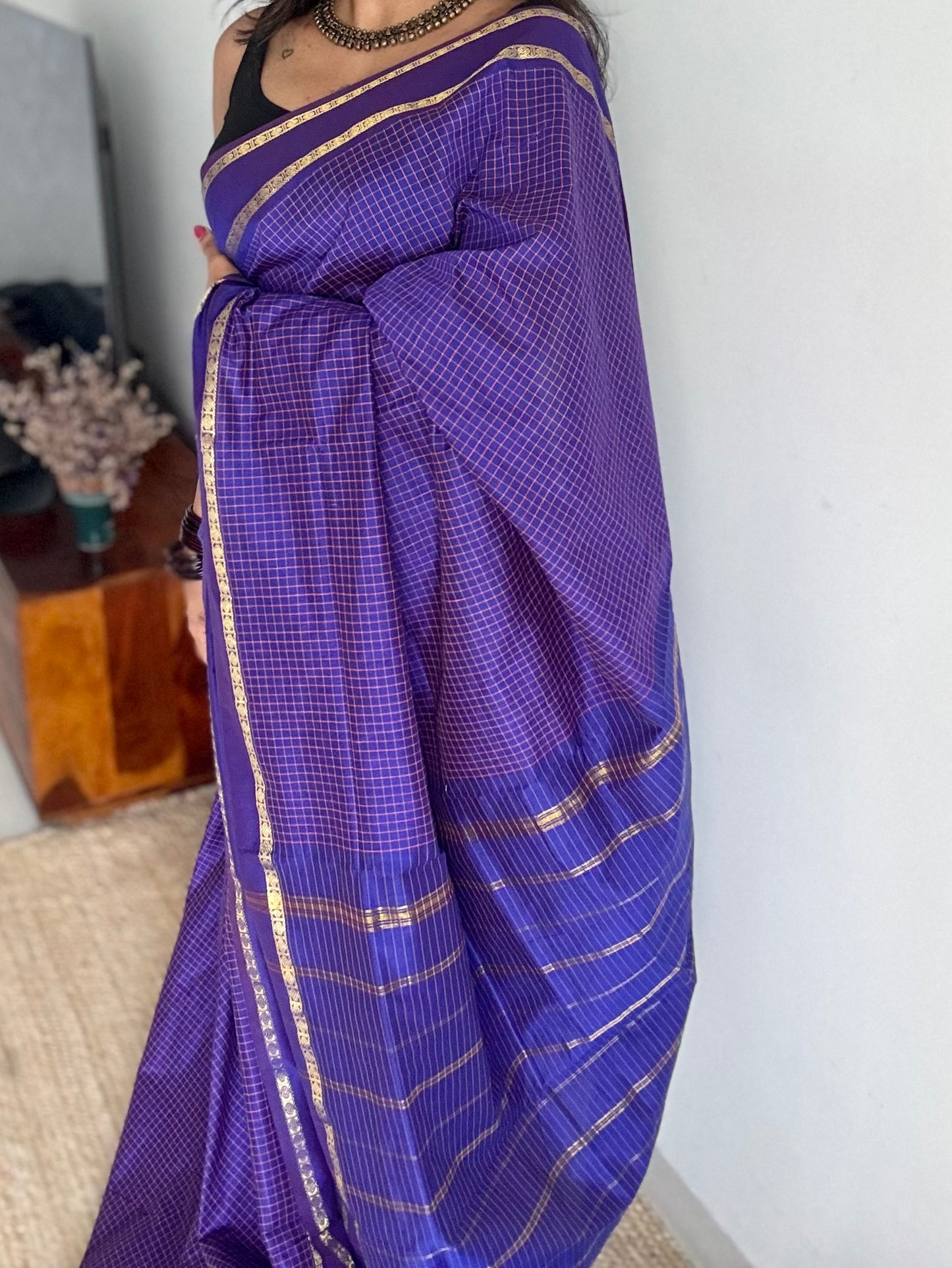 Double tone blue, arani checks, cotton silk - YCCOTNOCAR11