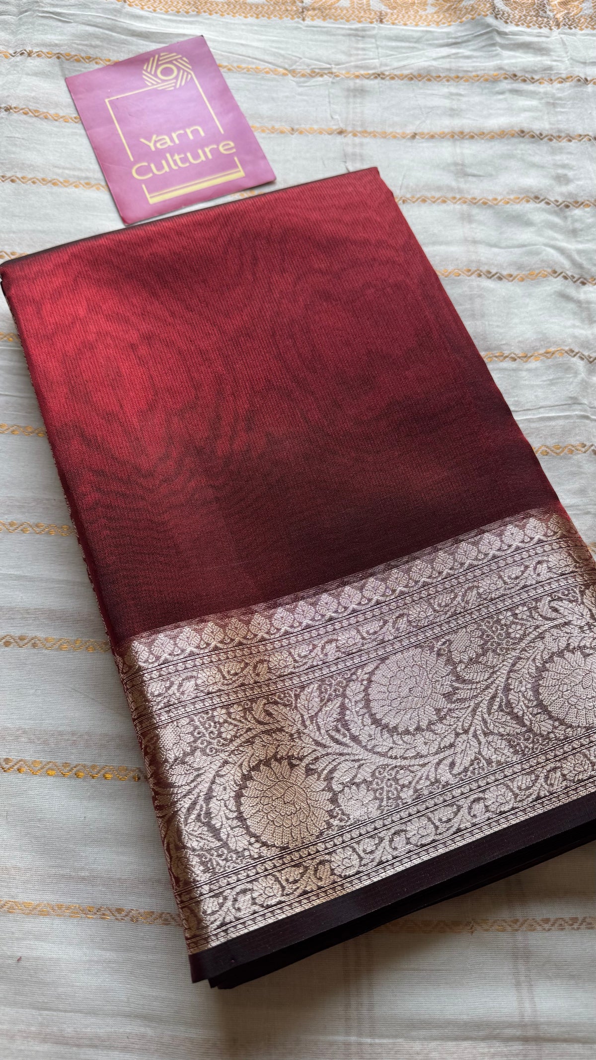 Dark red tissue Banarasi saree with zari border - YCBLTOC84