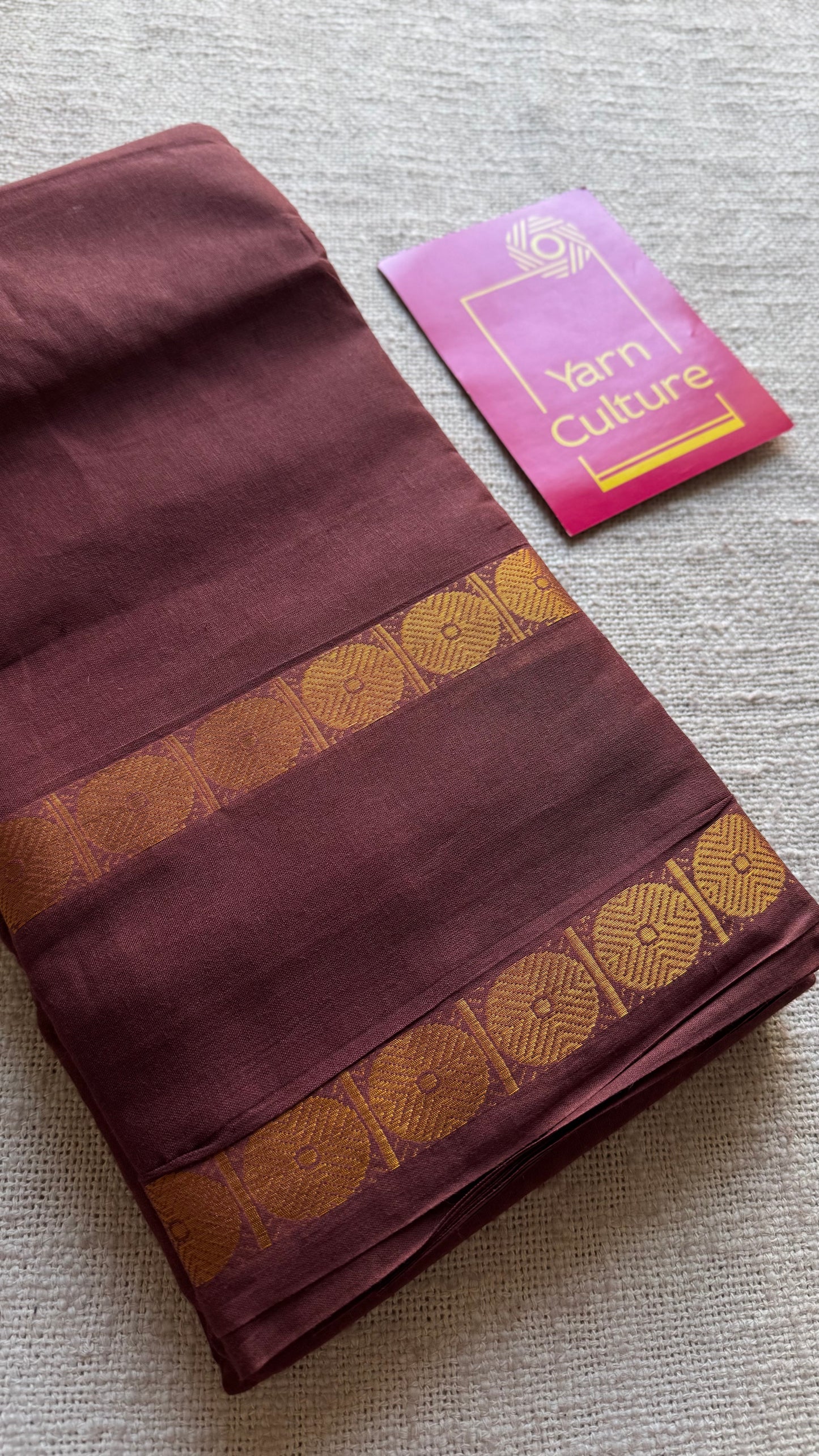 Brown with round motif gap border, kattuchayam dyed madurai cotton saree - YCCOTNMSFE114