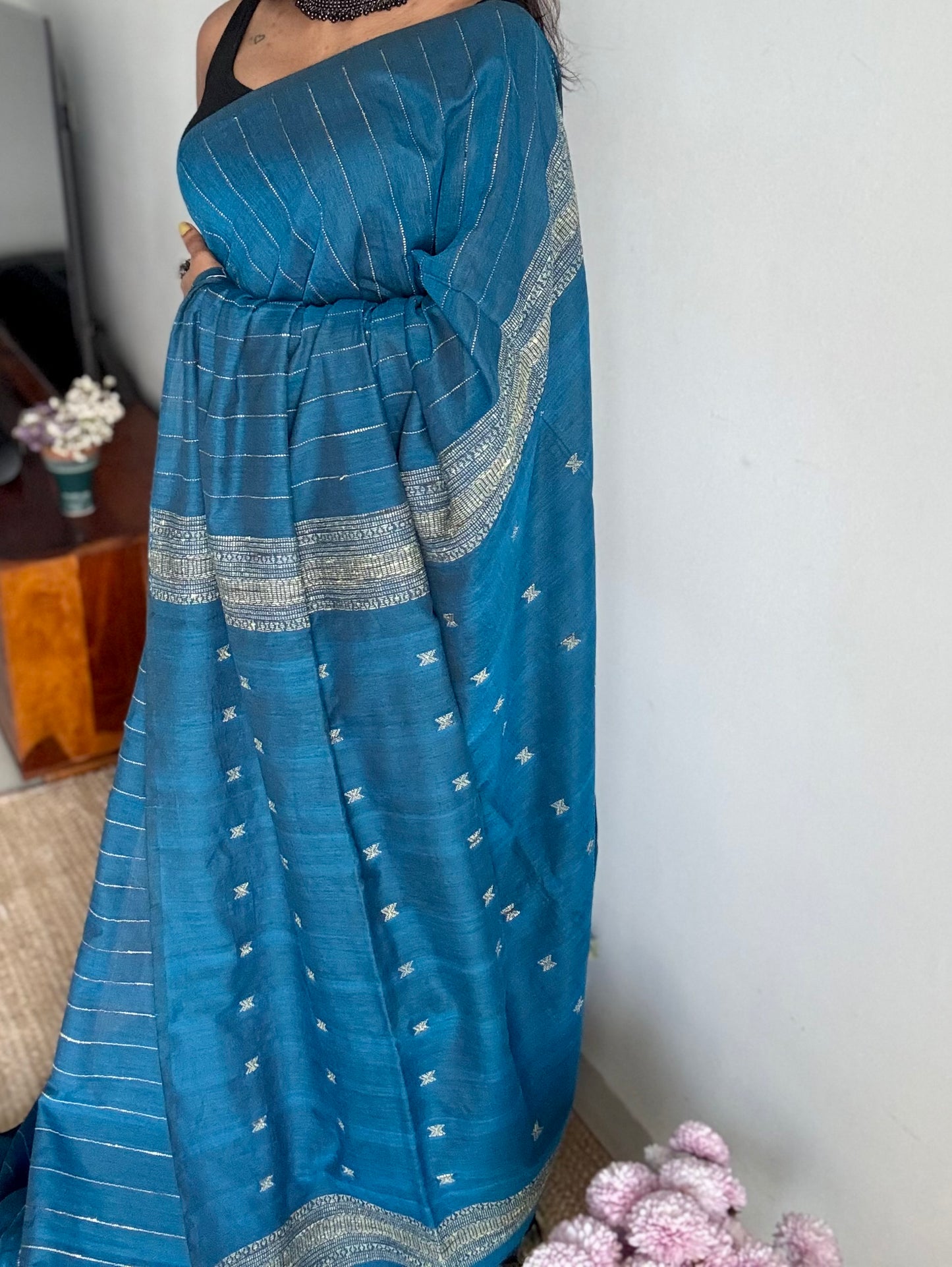 Peacock blue, bhujodi patterned soft khadi cotton saree - YCBCKCDE21