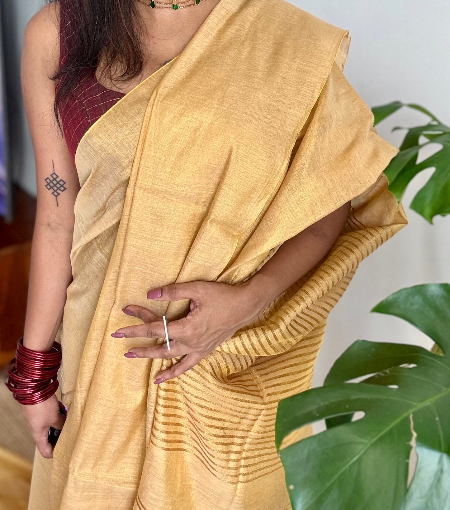 Plain gold mul tissue saree, striped pallu - YCIEON07