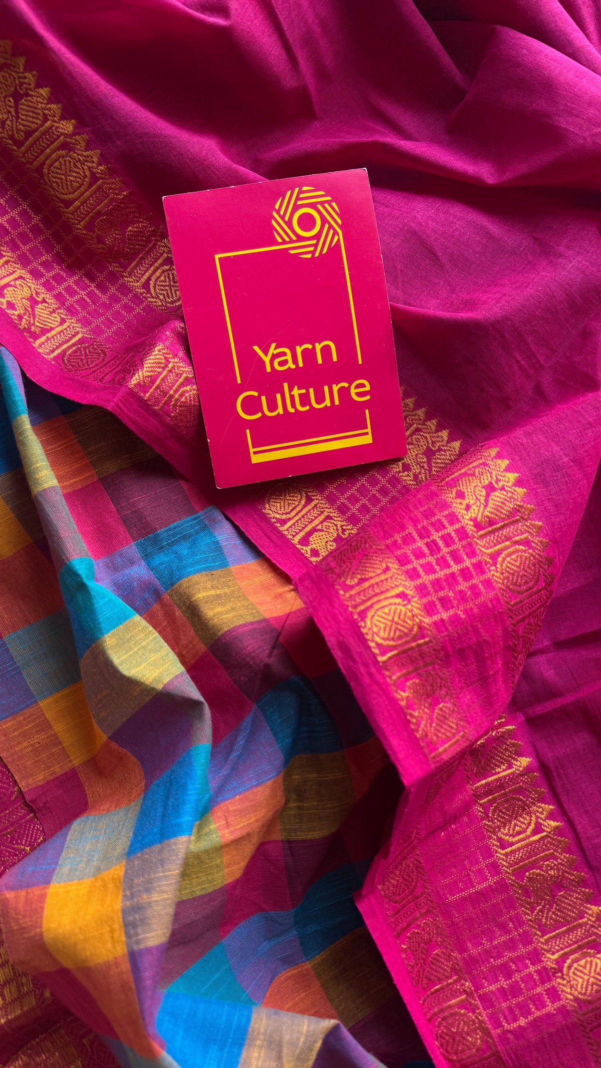 Hot pink with multicoloured madras checks, cotton half and half saree - YCCOTNIDOC163